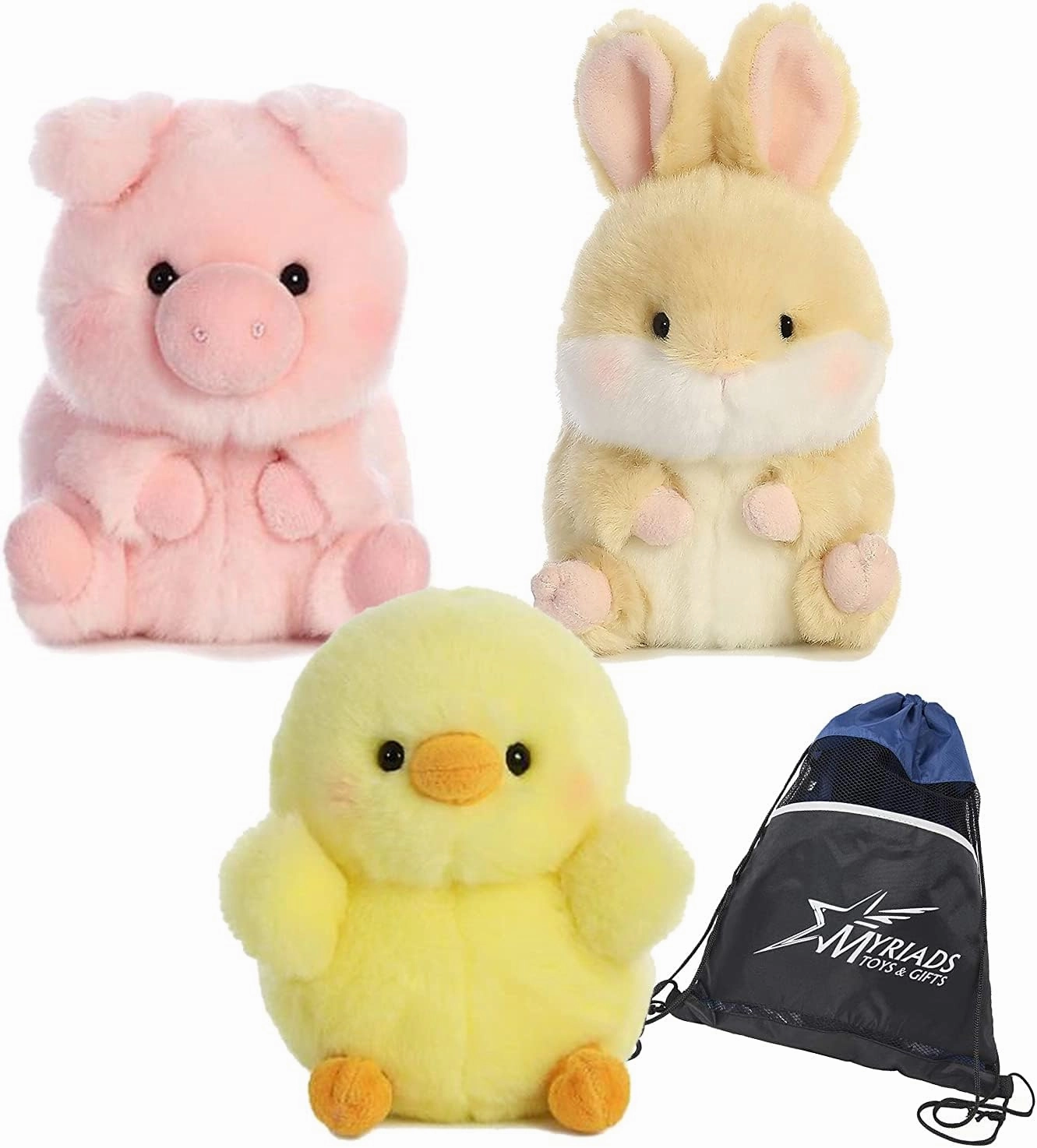 Aurora Plush 5" Rolly Pets Spring Time Plushie 3 Pack: Chickadee Chick, Lively Bunny, and Prankster Pig, with Drawstring Bag