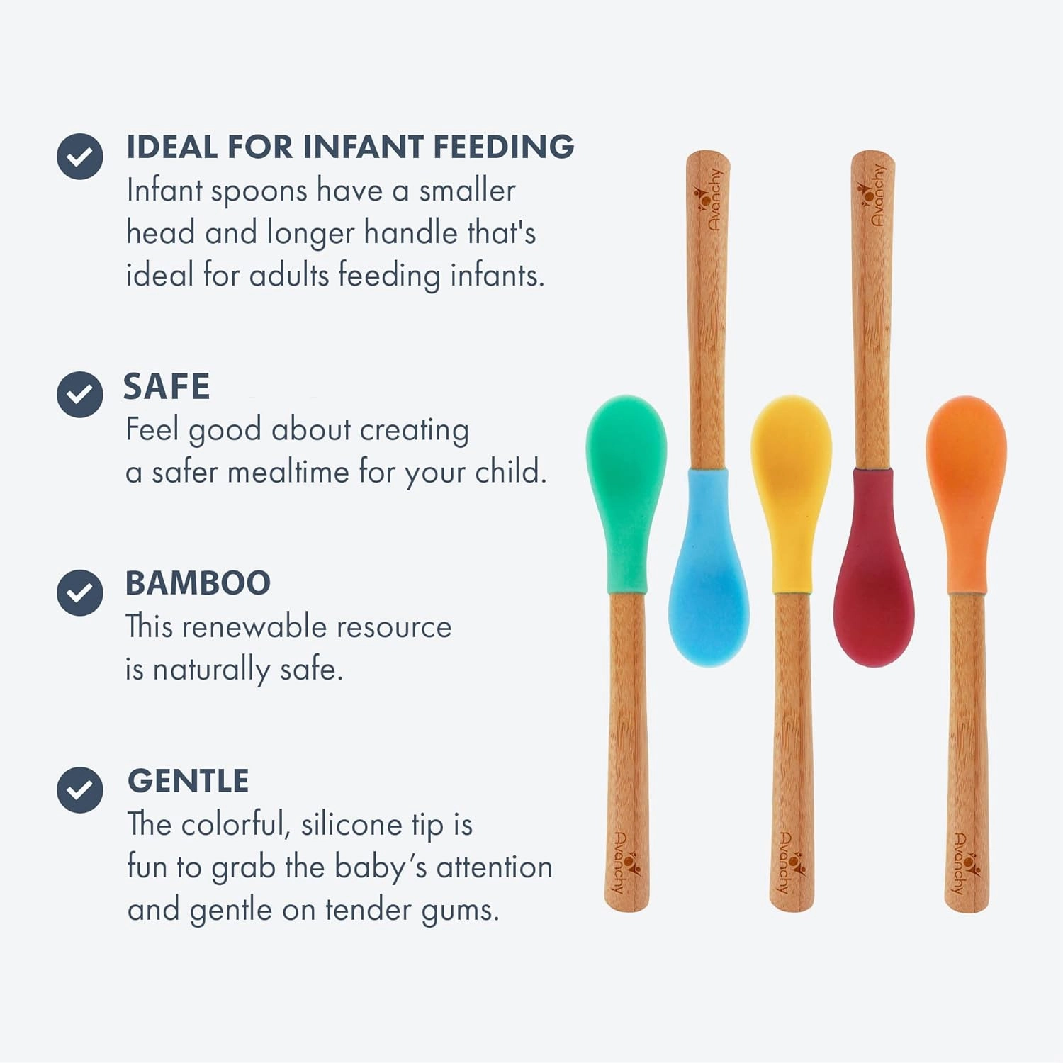 Avanchy Bamboo & Silicone Infant Training Spoons, BPA Free - Soft Tip, Easy on Gums, First Stage Feeding Utensils for Baby-Led Weaning, Self-Feeding, 5 Baby  5 Infant Spoons