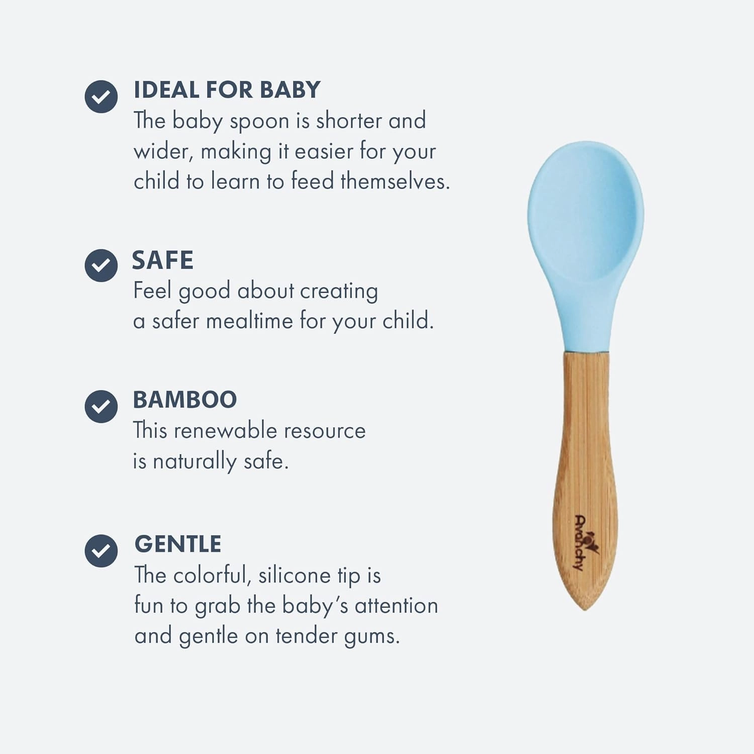 Avanchy Bamboo & Silicone Infant Training Spoons, BPA Free - Soft Tip, Easy on Gums, First Stage Feeding Utensils for Baby-Led Weaning, Self-Feeding, 5 Baby  5 Infant Spoons