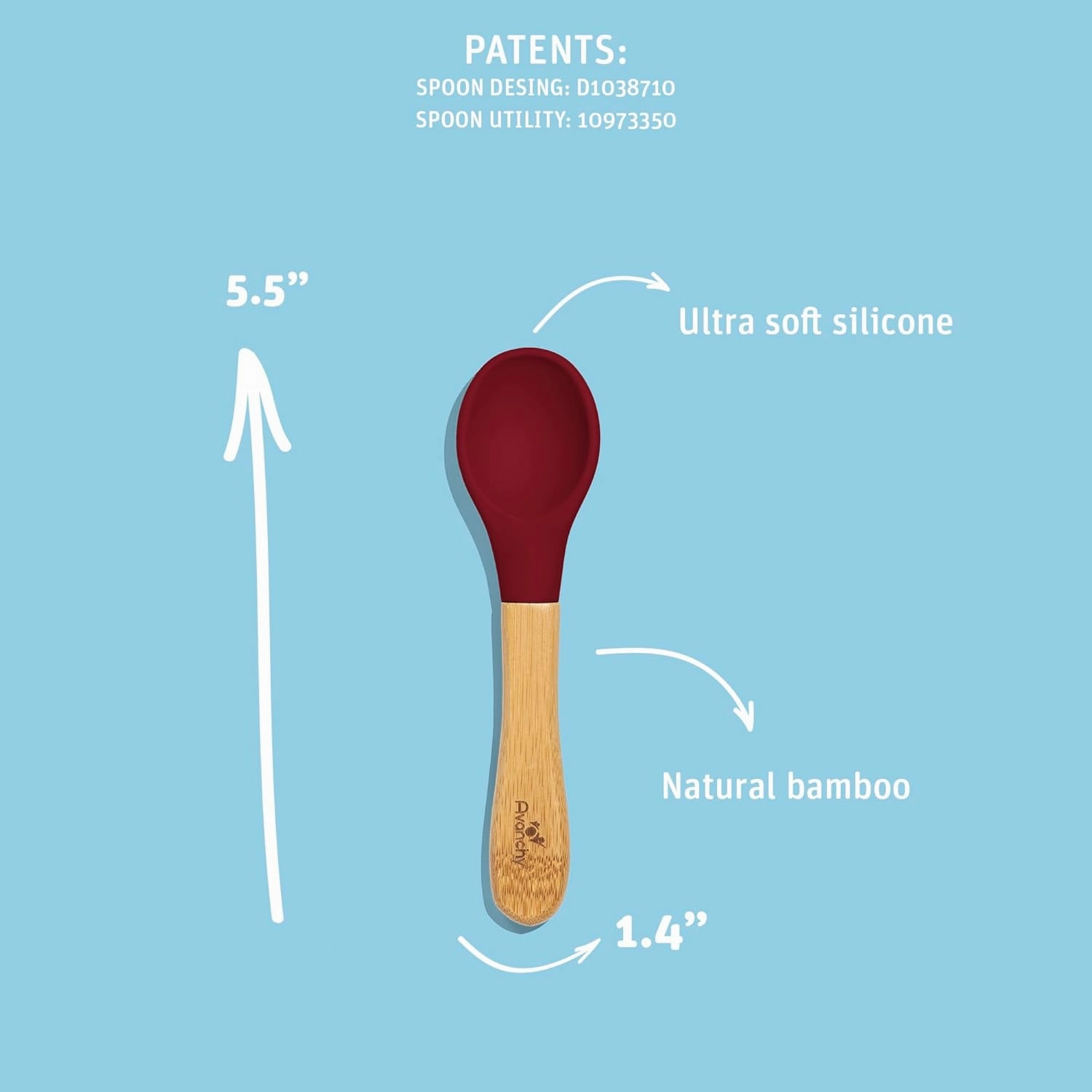 Avanchy Bamboo & Silicone Infant Training Spoons, BPA Free - Soft Tip, Easy on Gums, First Stage Feeding Utensils for Baby-Led Weaning, Self-Feeding, 5 Baby  5 Infant Spoons