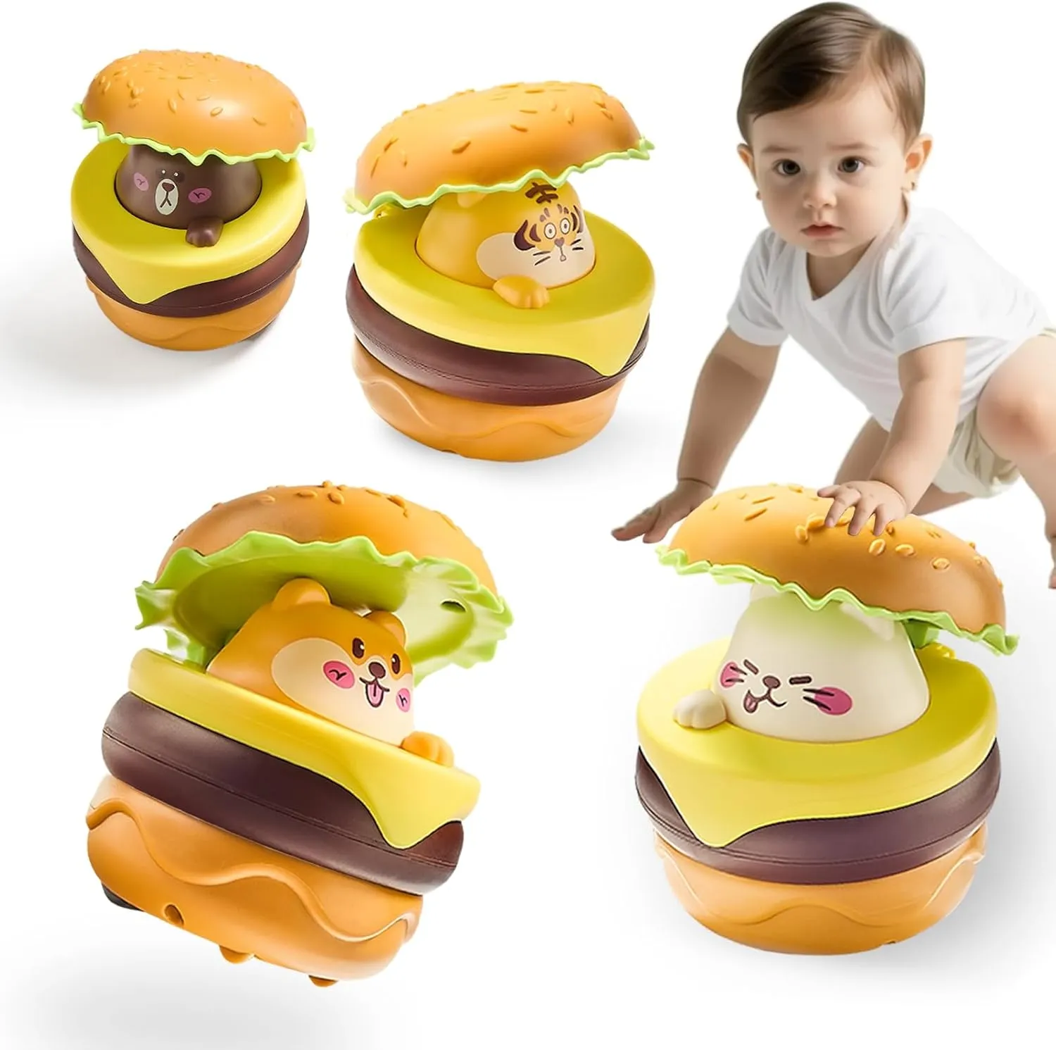 Baby Car Toys 6-12 Months, Press and Go Cars for Toddlers, 4PCS Burger Push Vehicle Toys for Boys Girls Early Development