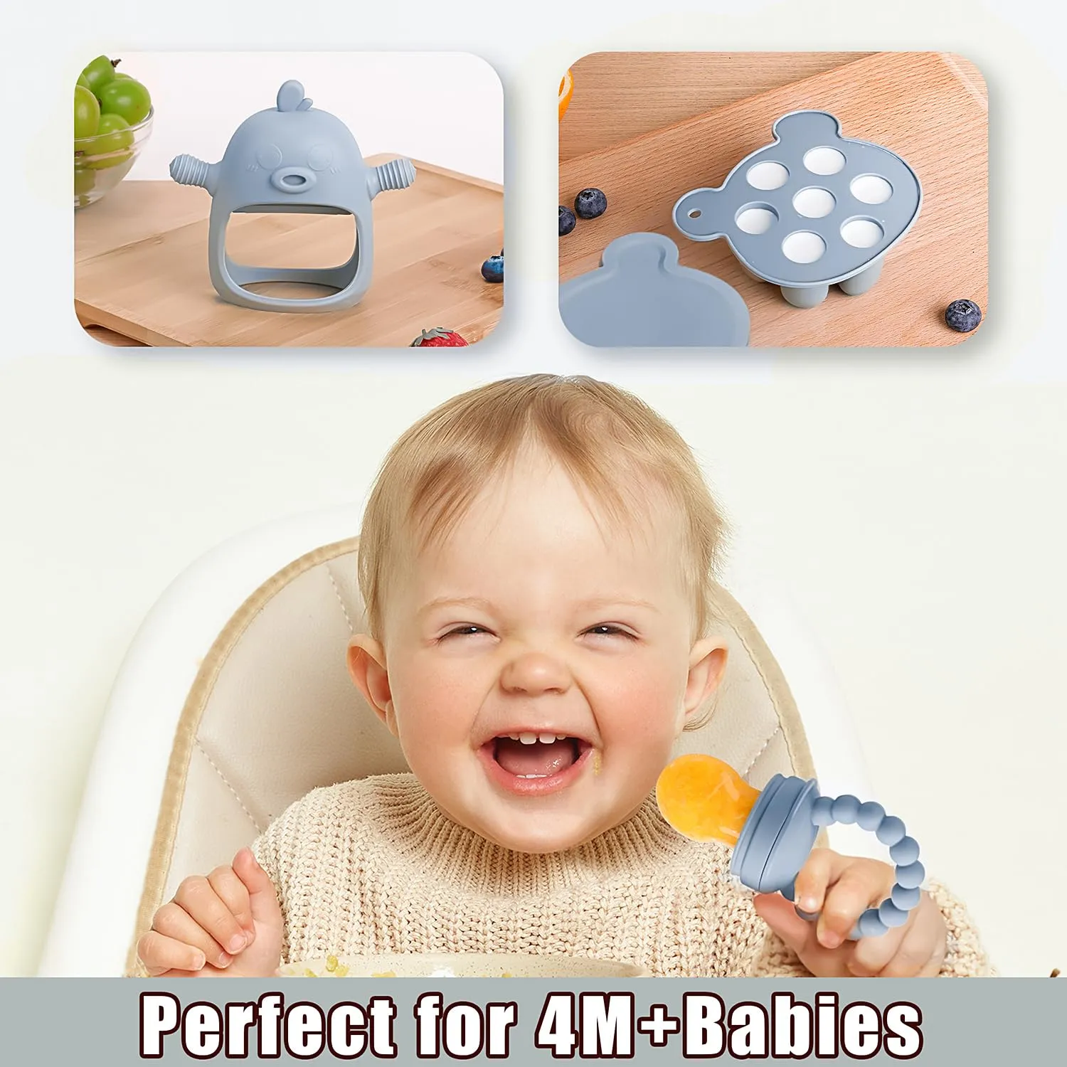 Baby Fruit Feeder & Breastmilk Popsicle Molds – 3-Pack Set with Freezer Tray, Teether Toy, Silicone Pacifier, and 3 Extra Mesh Sizes – (Sky Blue)