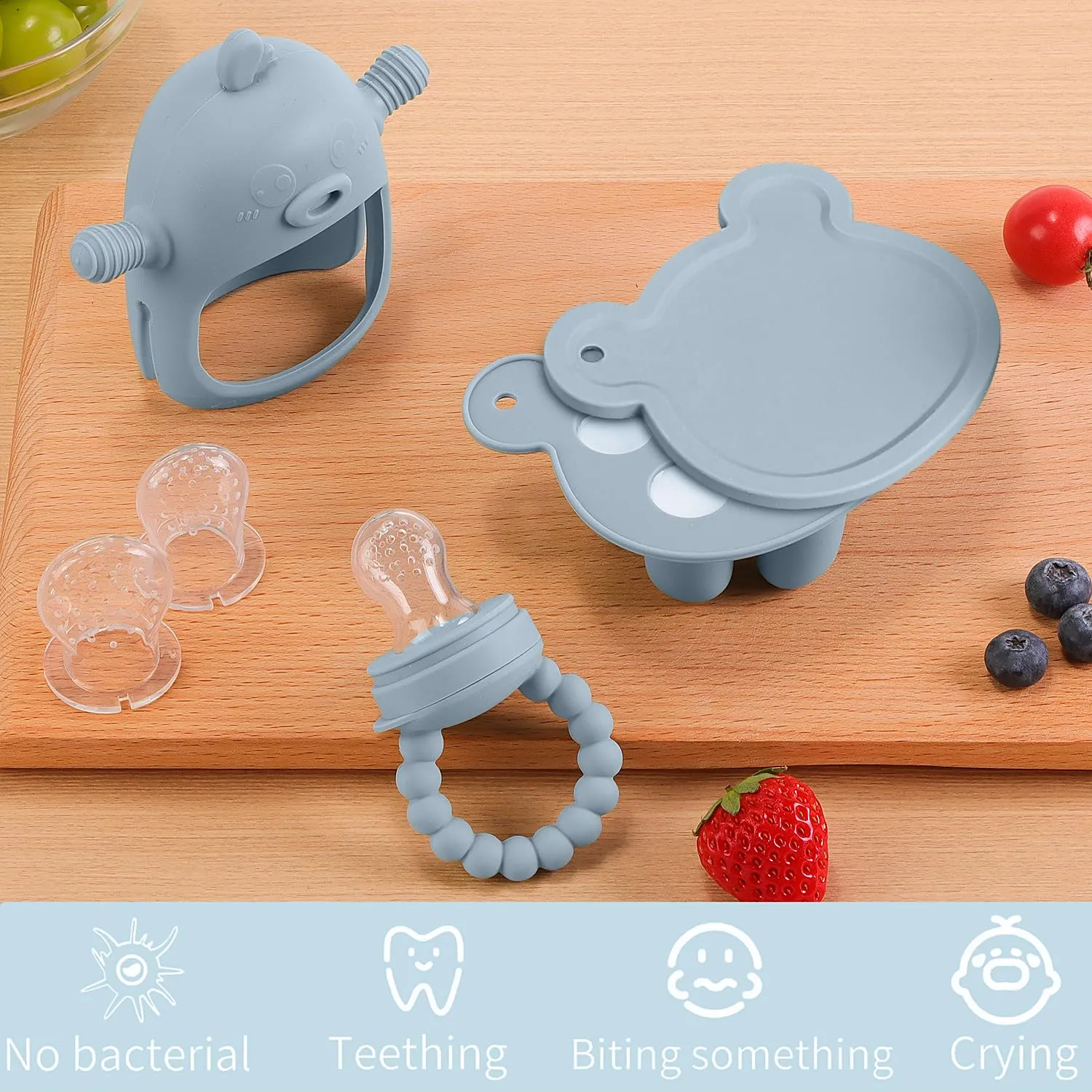 Baby Fruit Feeder & Breastmilk Popsicle Molds – 3-Pack Set with Freezer Tray, Teether Toy, Silicone Pacifier, and 3 Extra Mesh Sizes – (Sky Blue)