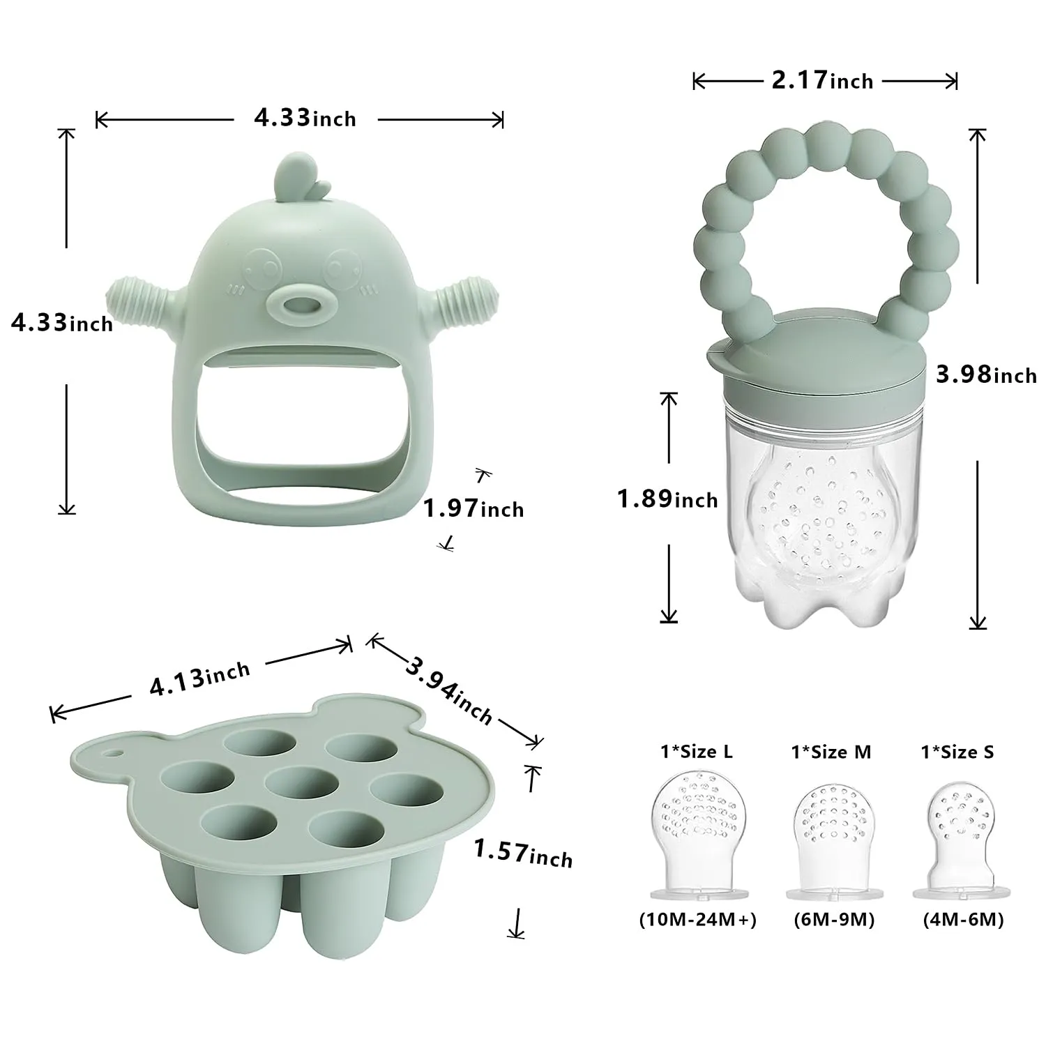 Baby Fruit Food Feeder Breastmilk Popsicle Molds for Teething Relief - 3 Pack Feeding Sets - 1 Freezer Tray with Lid & 1 Teether Toy & 1 Silicone Pacifier   3 Extra Sizes Infant Feed Mesh (Pea Green)