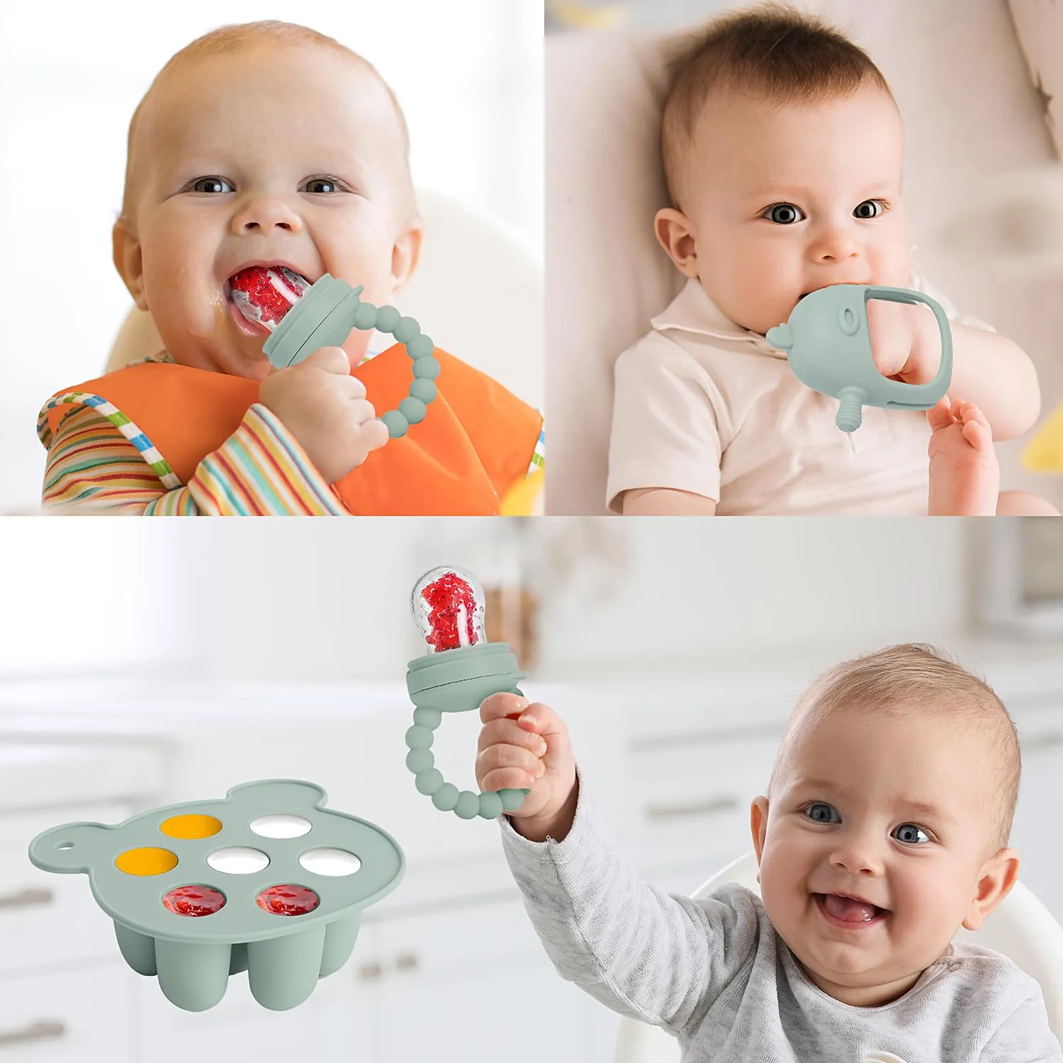 Baby Fruit Food Feeder Breastmilk Popsicle Molds for Teething Relief - 3 Pack Feeding Sets - 1 Freezer Tray with Lid & 1 Teether Toy & 1 Silicone Pacifier   3 Extra Sizes Infant Feed Mesh (Pea Green)