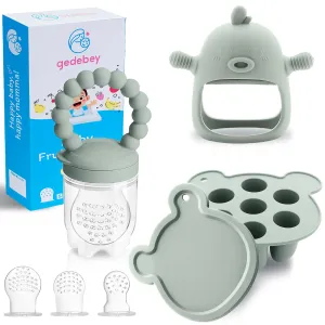 Baby Fruit Food Feeder Breastmilk Popsicle Molds for Teething Relief - 3 Pack Feeding Sets - 1 Freezer Tray with Lid & 1 Teether Toy & 1 Silicone Pacifier   3 Extra Sizes Infant Feed Mesh (Pea Green)