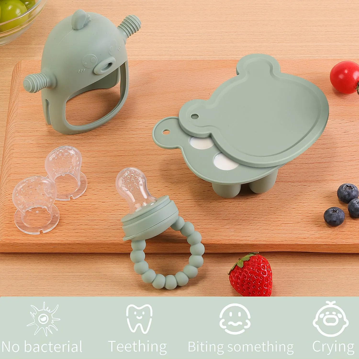 Baby Fruit Food Feeder Breastmilk Popsicle Molds for Teething Relief - 3 Pack Feeding Sets - 1 Freezer Tray with Lid & 1 Teether Toy & 1 Silicone Pacifier   3 Extra Sizes Infant Feed Mesh (Pea Green)