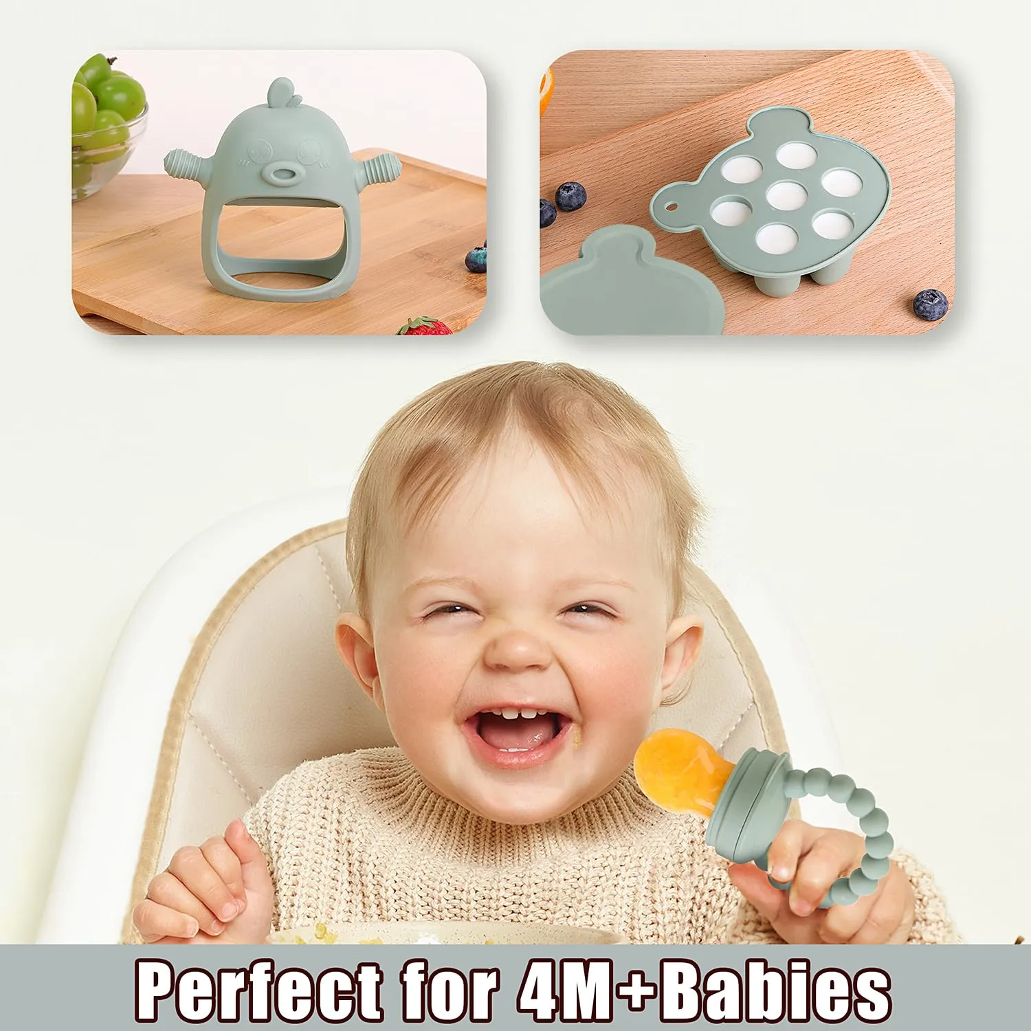 Baby Fruit Food Feeder Breastmilk Popsicle Molds for Teething Relief - 3 Pack Feeding Sets - 1 Freezer Tray with Lid & 1 Teether Toy & 1 Silicone Pacifier   3 Extra Sizes Infant Feed Mesh (Pea Green)