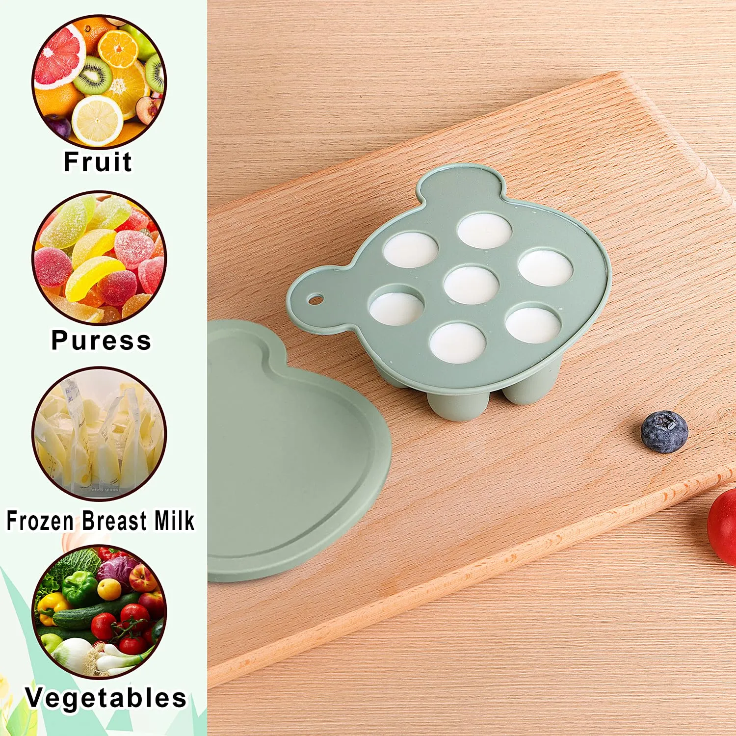 Baby Fruit Food Feeder Breastmilk Popsicle Molds for Teething Relief - 3 Pack Feeding Sets - 1 Freezer Tray with Lid & 1 Teether Toy & 1 Silicone Pacifier   3 Extra Sizes Infant Feed Mesh (Pea Green)