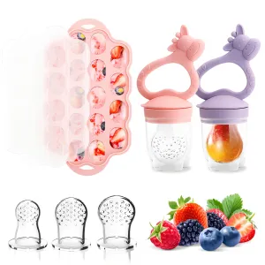 Baby Fruit Food Feeder Breastmilk Popsicle Molds for Teething Relief, Baby Teether Freezer Tray with Lid, BPA Free Silicone Feeding Set Includes 6 Food Pacifiers