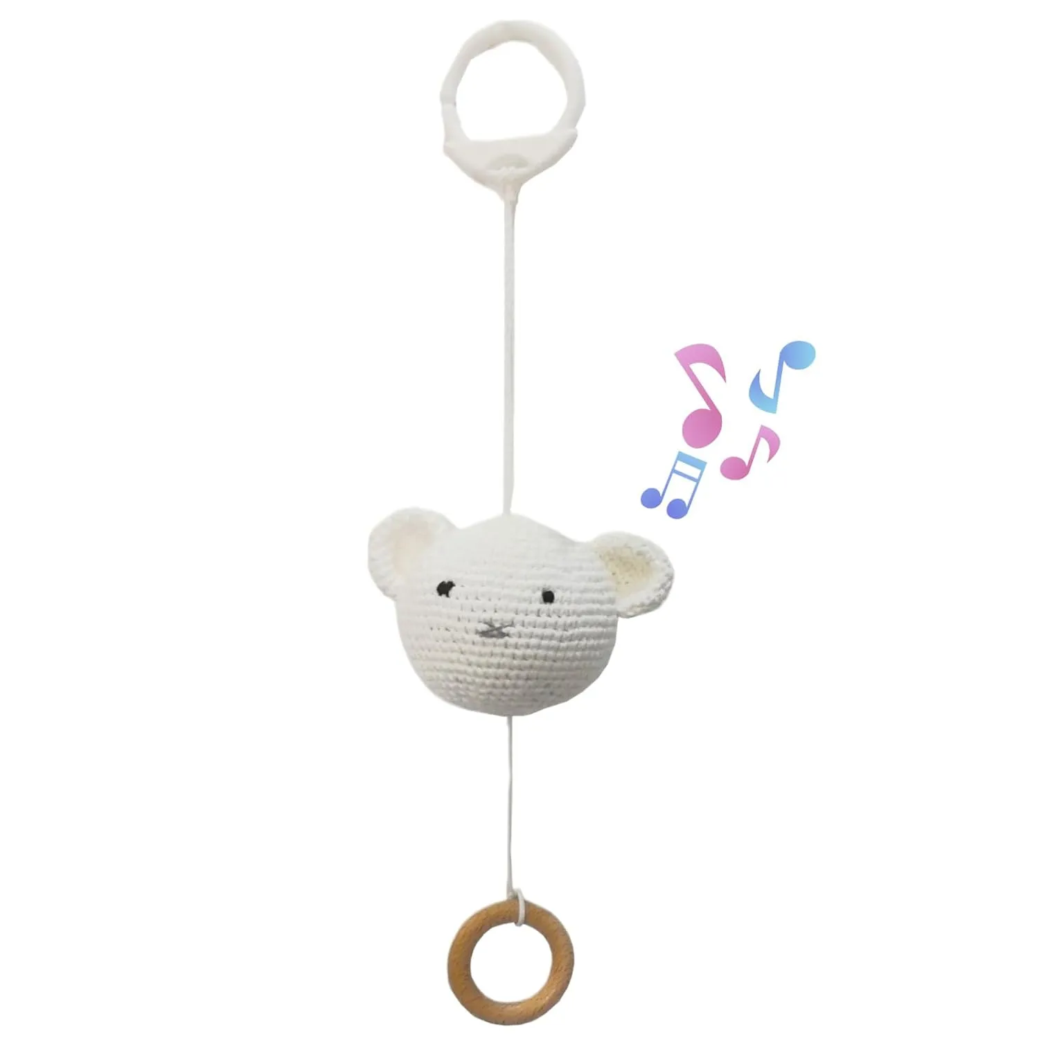 Baby Hanging Musical Box Toys, Soothing Musical Pulldown Toy with Wooden Teether, Crochet Musical Bear Head Toys for Newborn Infant Baby Toys for 0, 3, 6, 9, 12 Months