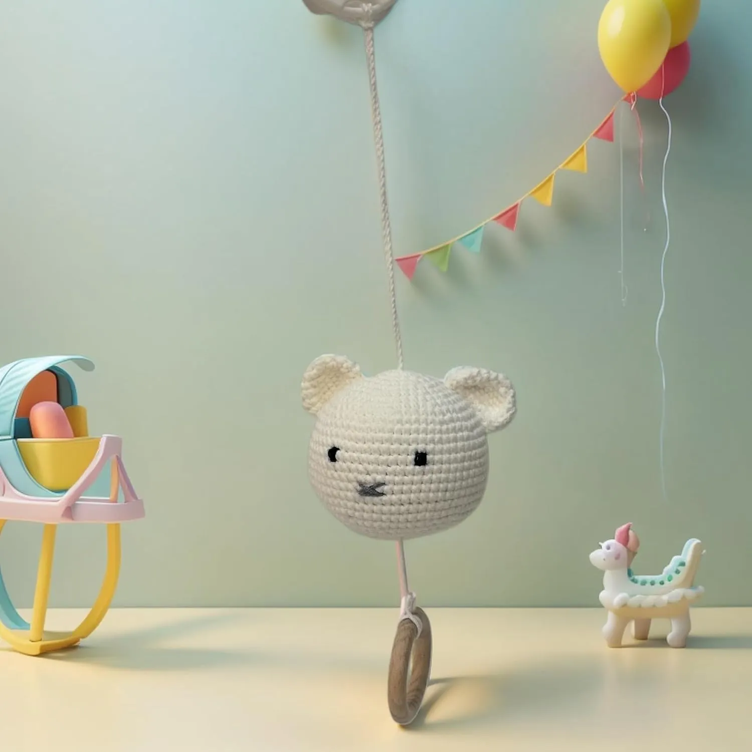 Baby Hanging Musical Box Toys, Soothing Musical Pulldown Toy with Wooden Teether, Crochet Musical Bear Head Toys for Newborn Infant Baby Toys for 0, 3, 6, 9, 12 Months