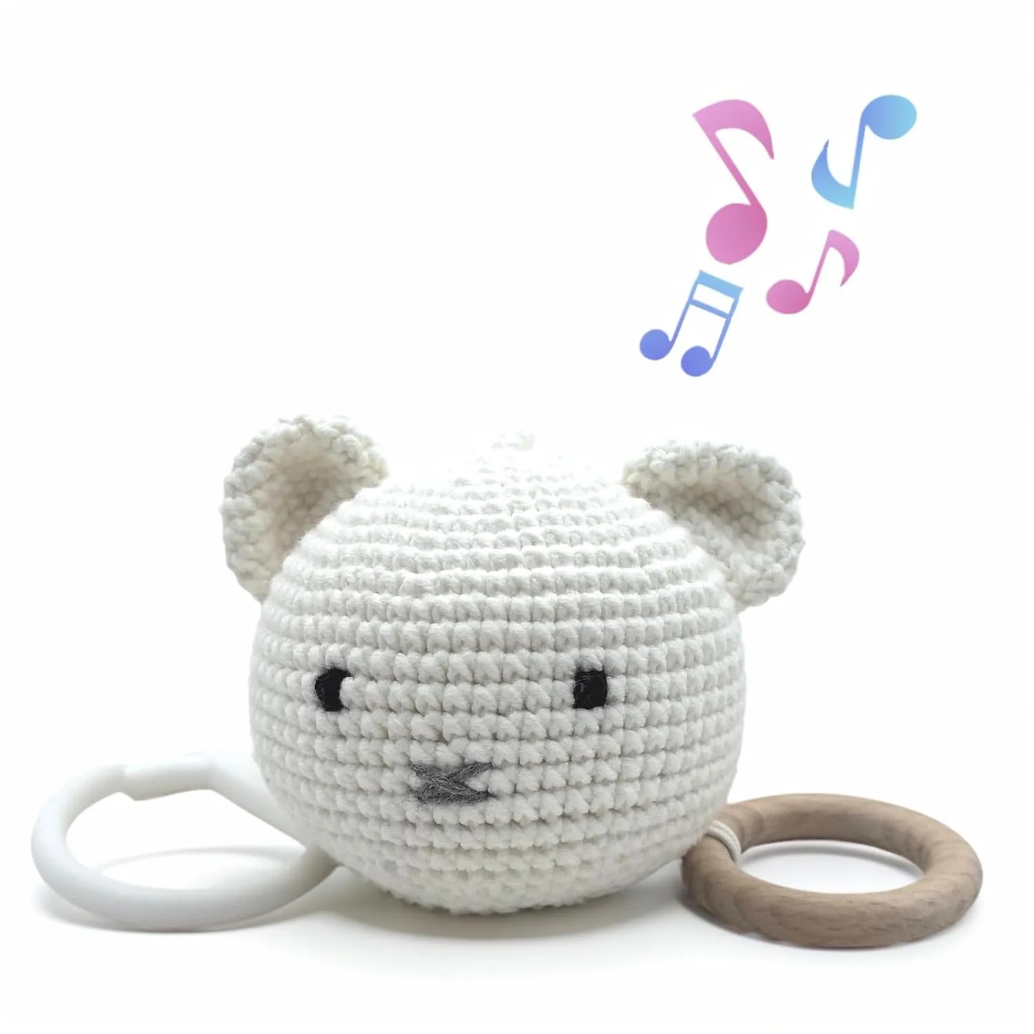 Baby Hanging Musical Box Toys, Soothing Musical Pulldown Toy with Wooden Teether, Crochet Musical Bear Head Toys for Newborn Infant Baby Toys for 0, 3, 6, 9, 12 Months
