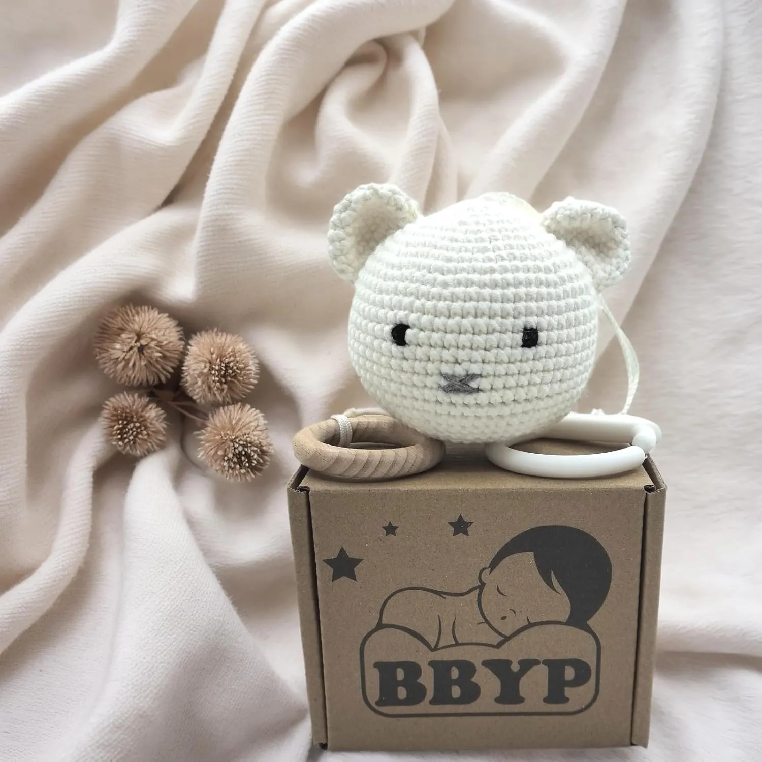 Baby Hanging Musical Box Toys, Soothing Musical Pulldown Toy with Wooden Teether, Crochet Musical Bear Head Toys for Newborn Infant Baby Toys for 0, 3, 6, 9, 12 Months