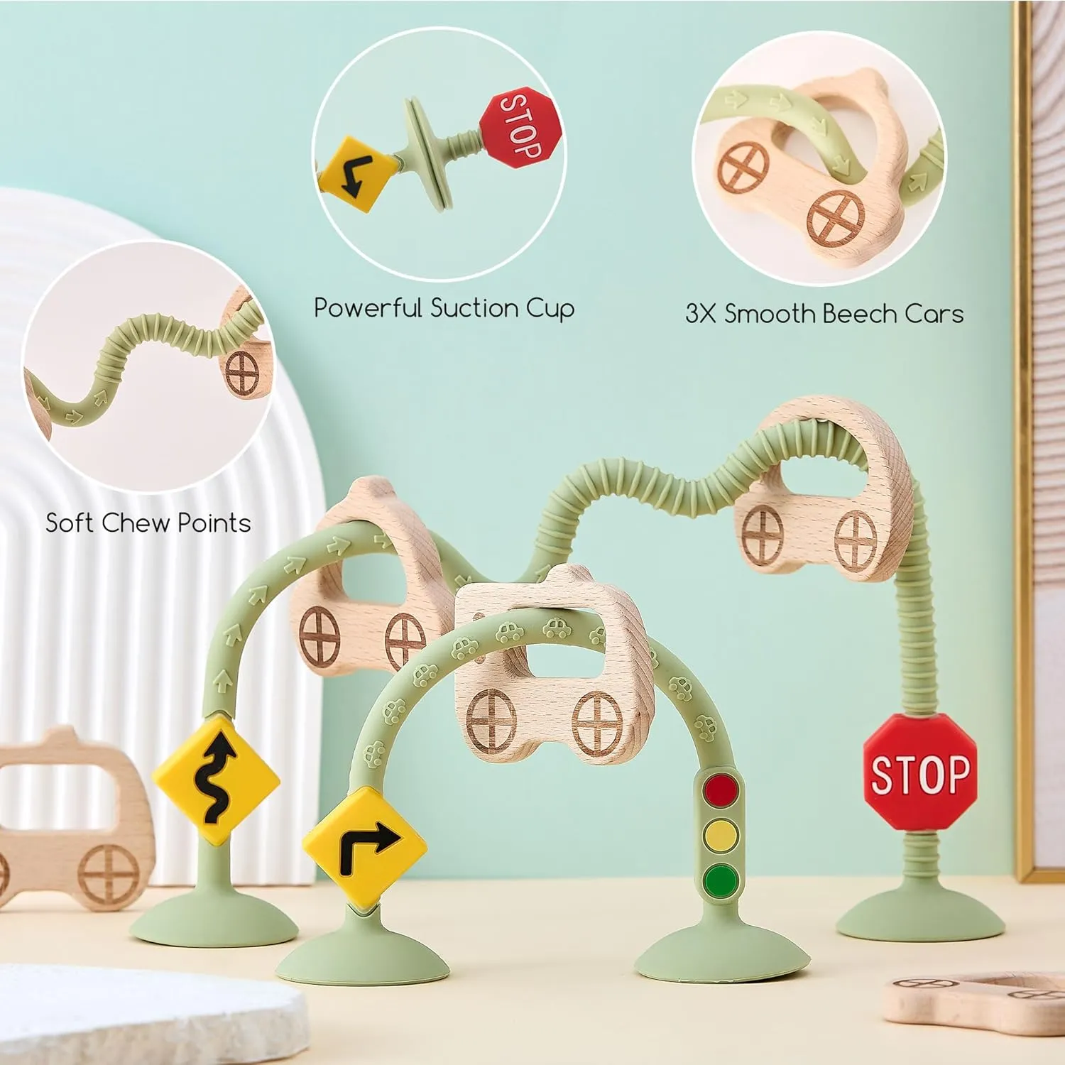 Baby High Chair Toys Suction Cup Toys for Babies 6-12 Months Montessori Sorting Toys (Olive)
