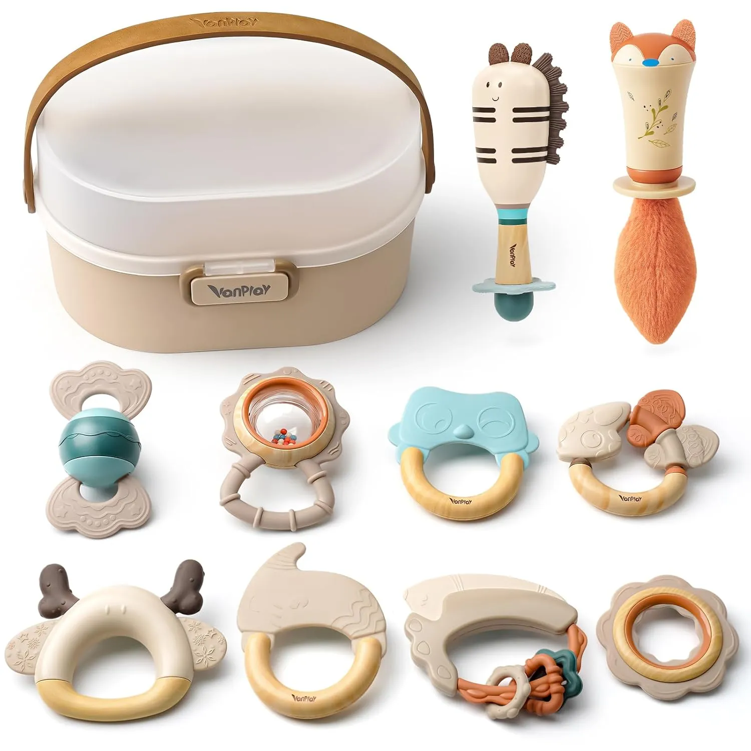 Baby Rattles & Teethers Set – 10-Pack Baby Toys 0-6 Months, Teething Toys 3-6 Months, Sensory Toys with Soft Textures, Gentle Sounds & Easy-Grip Shape, Neutral Newborn Gift