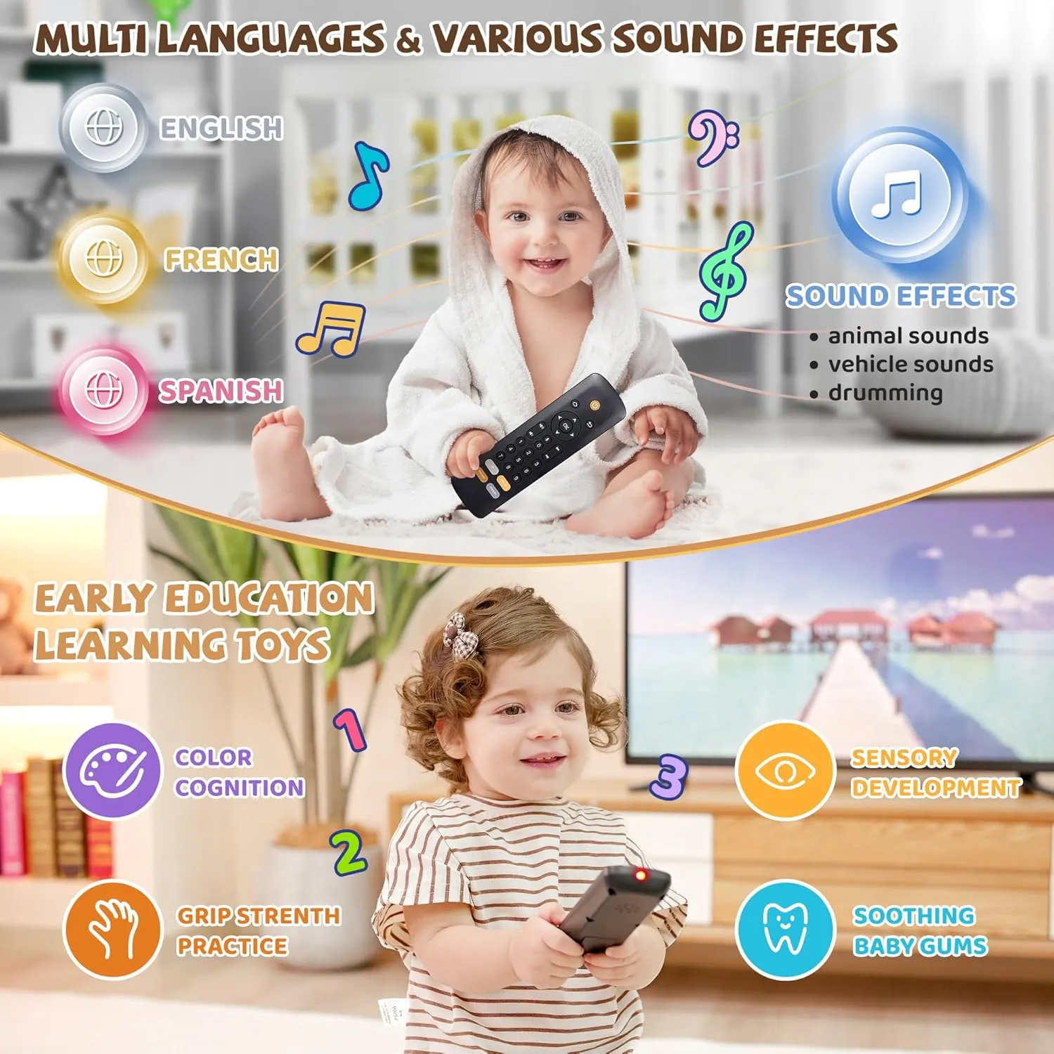 Baby TV Remote Toy - Realistic Play Remote toy with Lights and Sounds, 3 Languages (English, Spanish & French), Learning Musical Toys, Preschool Infant Boys Girls Toys Gift for 1 2 Year Old, Black