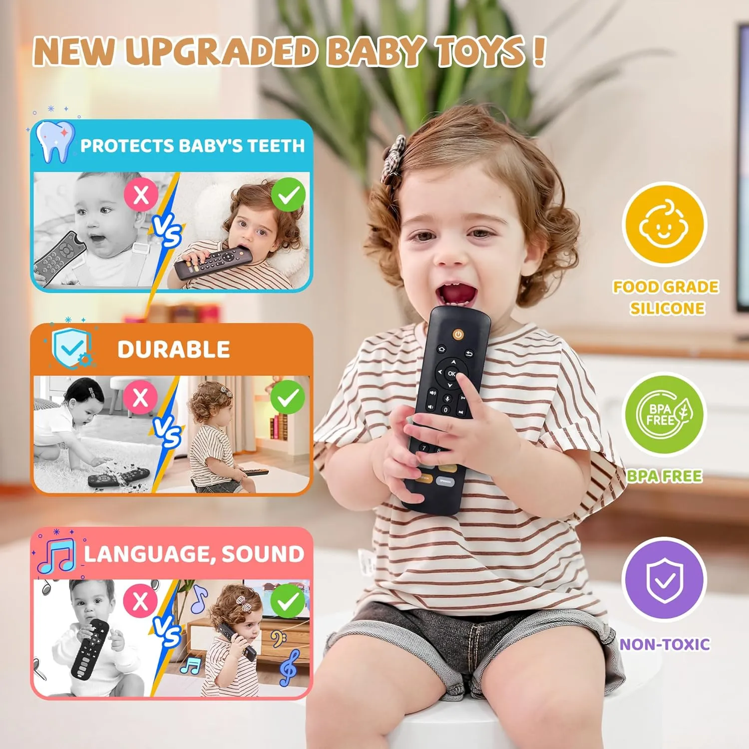 Baby TV Remote Toy - Realistic Play Remote toy with Lights and Sounds, 3 Languages (English, Spanish & French), Learning Musical Toys, Preschool Infant Boys Girls Toys Gift for 1 2 Year Old, Black