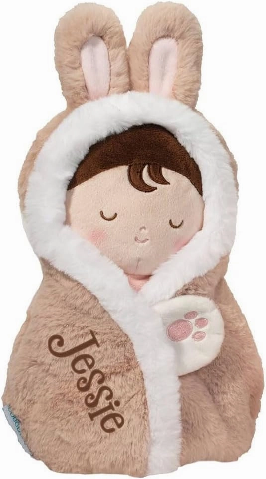 Baby Doll Play Set, Baby Hug Plush Stuffed Animal, Soft Doll with Swaddle, Personalized with Custom Name - 10 Inch (Brown Bunny)