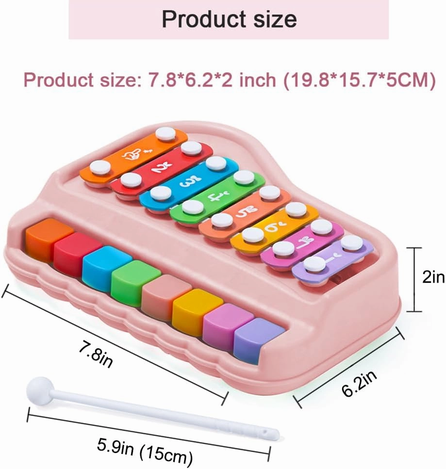 Baby Piano Xylophone for Toddlers 2-3, 2 in 1 Baby Piano Xylophone Musical Instrument with 8 Multicolored Key Scales Keyboard for Kids(Pink)