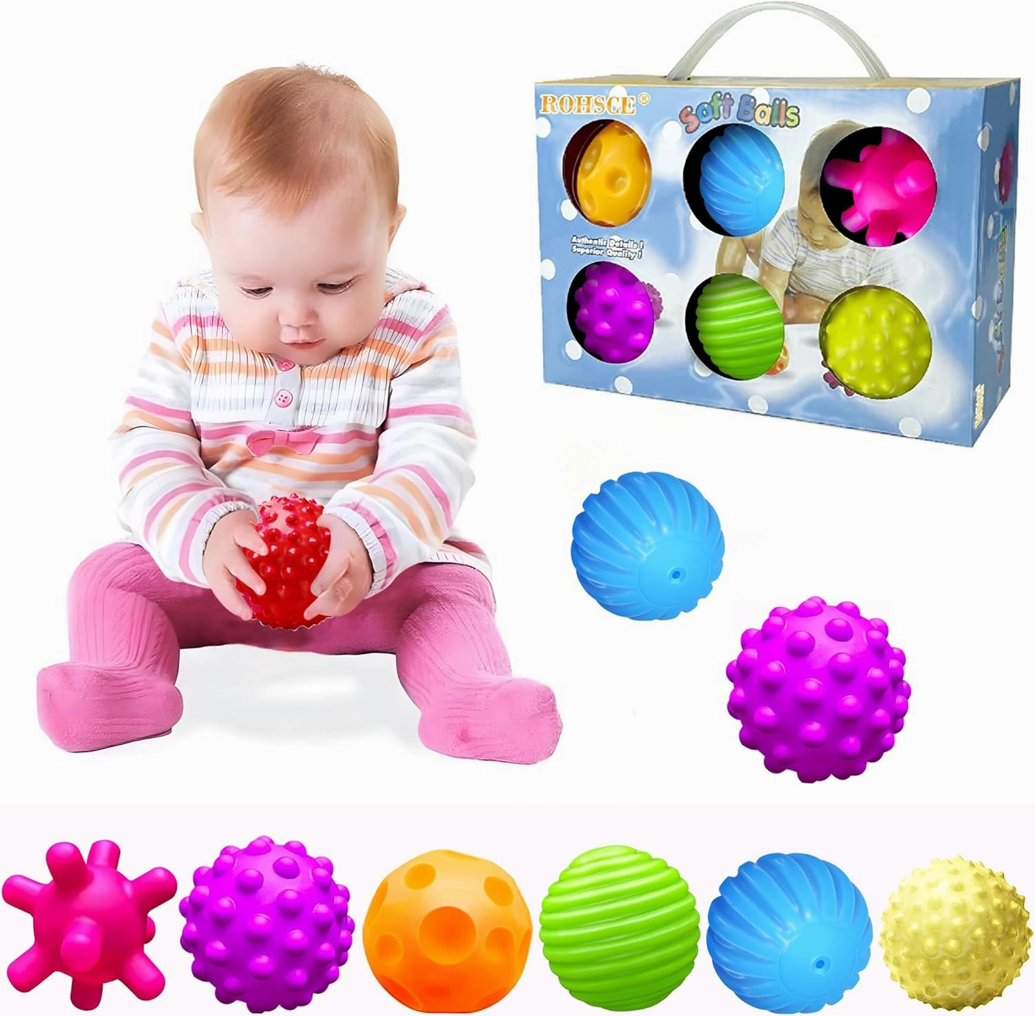 Baby Sensory Toy, Infant Sensory Squeeze Ball Texture Multi Massage Soft Balls Set, 6 Pieces by