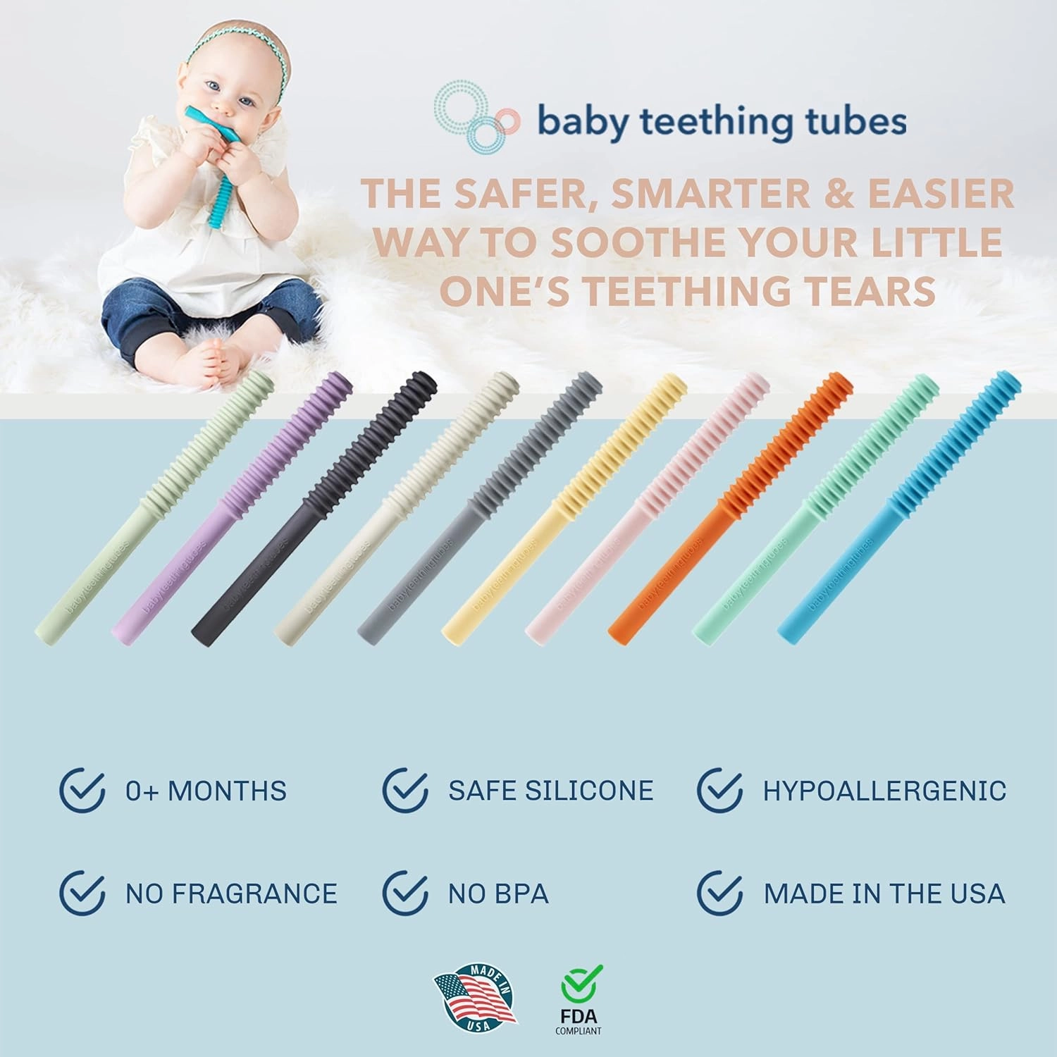 Baby Teething Tubes - Made in The USA Baby Teething Toys - Soft & Durable Infant Toys and Toddler Silicone Teether - 7 Inches, Pink - Baby Must Haves for Teething Relief - Food Safe & Easy to Clean