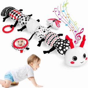 Baby Toys 0-12 Months - Musical Caterpillar Stuffed Animal Soft Plush Toys for Infant Girls Boys 3 6 12 Months Tummy Time Sensory High Contrast Black White Newborn Toys Gifts, W/ Mirror Rattle