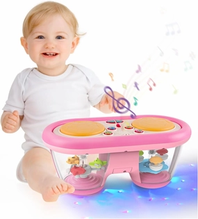 Baby Toys for 6 to 12 Months: 7 Models Pink Rotating Light Up Drum Musical Instruments for 12-18 Months Kids, Tummy Time Toys for Baby 0-3-6-9 Months, Walker for Boy Girl Gifts