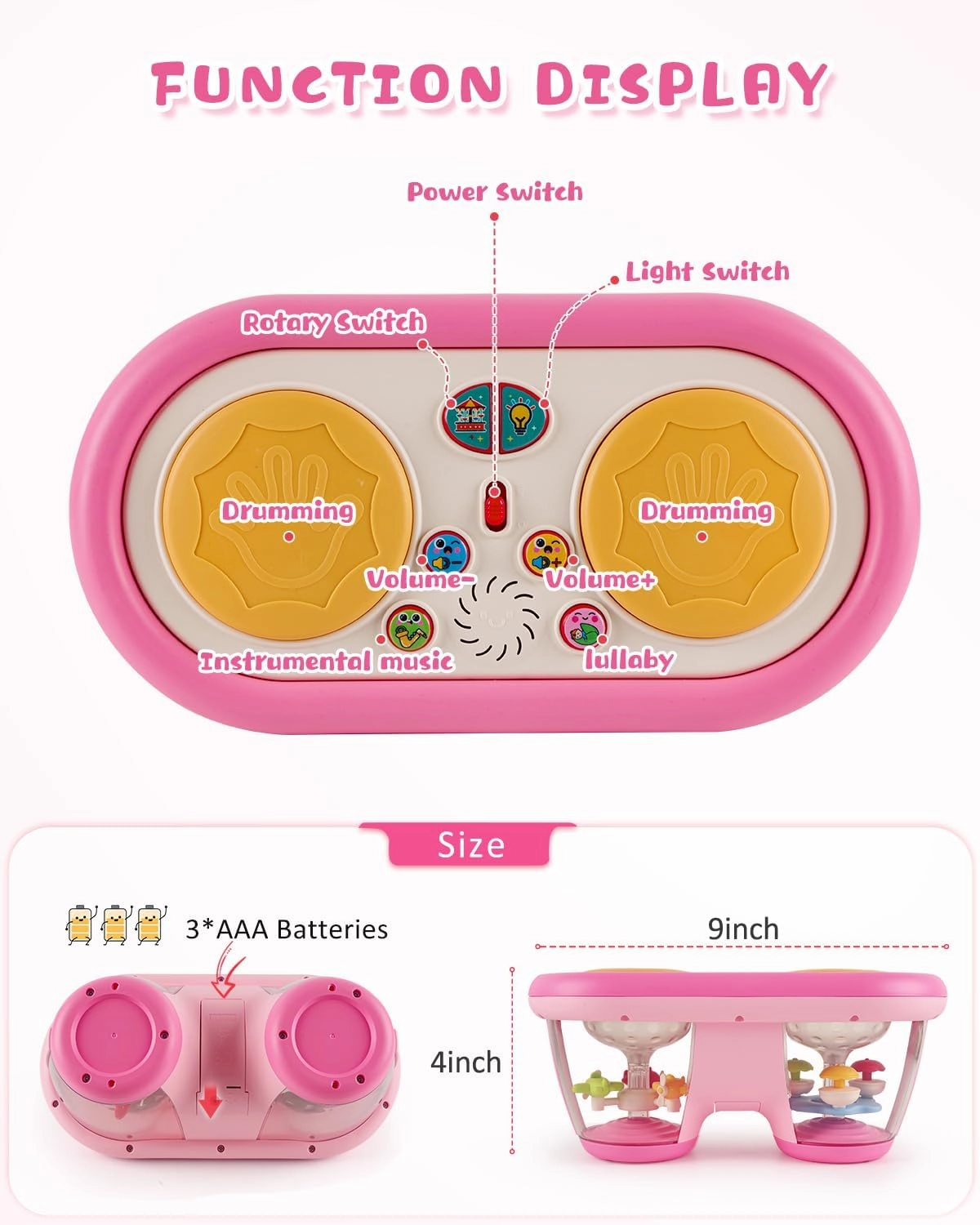 Baby Toys for 6 to 12 Months: 7 Models Pink Rotating Light Up Drum Musical Instruments for 12-18 Months Kids, Tummy Time Toys for Baby 0-3-6-9 Months, Walker for Boy Girl Gifts