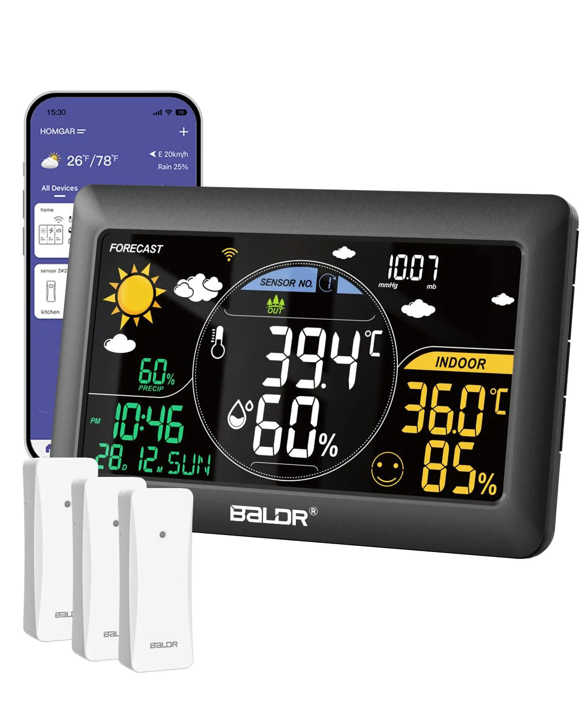 BALDR WiFi Weather Station with 3 Sensors, Smart App Controlled Wireless Indoor Outdoor Thermometer with Large Color VA Display