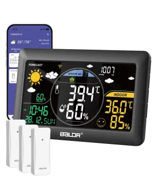 BALDR WiFi Weather Station with 3 Sensors, Smart App Controlled Wireless Indoor Outdoor Thermometer with Large Color VA Display