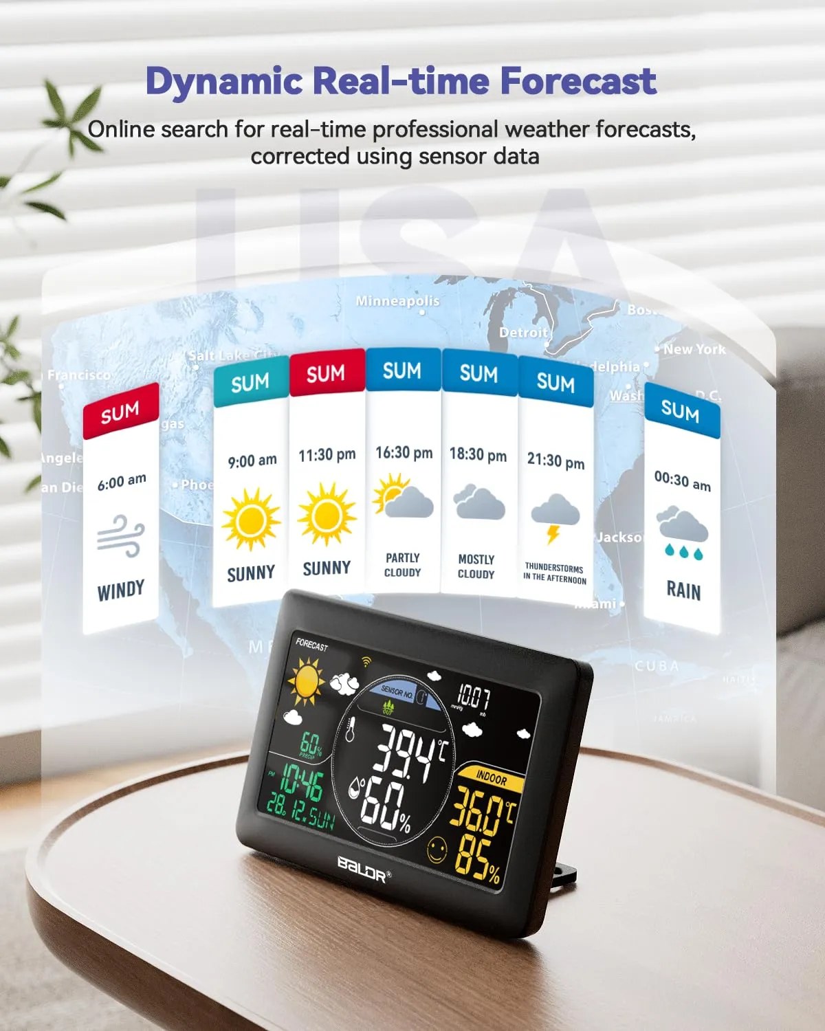 BALDR WiFi Weather Station with 3 Sensors, Smart App Controlled Wireless Indoor Outdoor Thermometer with Large Color VA Display