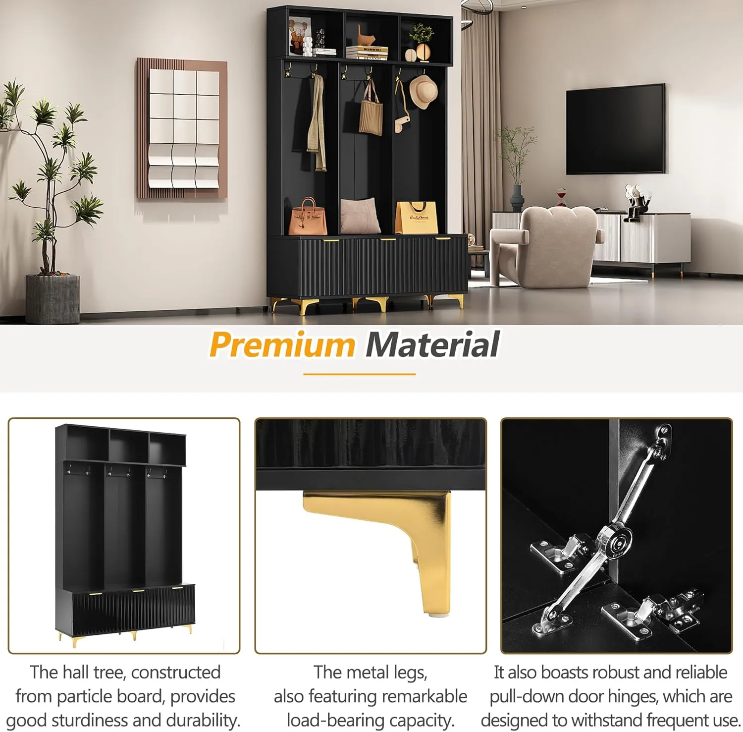 Ball & Cast 49.6" Hall Tree with Bench and Shoe Storage, 5-in-1 Entryway Cabinet with High Gloss Fluted Doors and Open Shelves,Mordern Coat Rack with 6 Gold Hooks and Legs for Hallway, Black