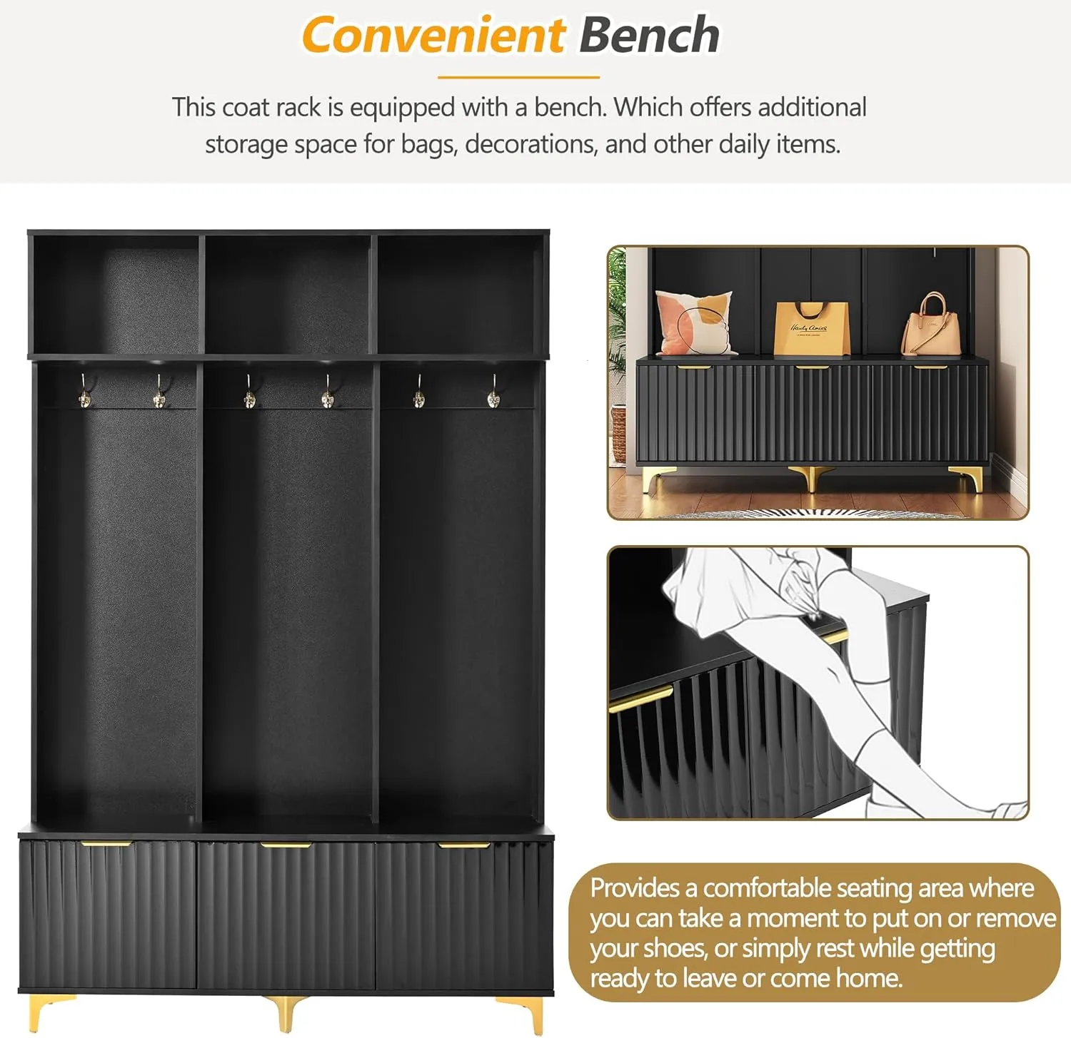 Ball & Cast 49.6" Hall Tree with Bench and Shoe Storage, 5-in-1 Entryway Cabinet with High Gloss Fluted Doors and Open Shelves,Mordern Coat Rack with 6 Gold Hooks and Legs for Hallway, Black