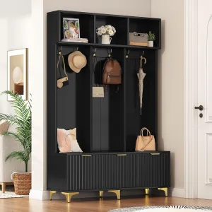 Ball & Cast 49.6" Hall Tree with Bench and Shoe Storage, 5-in-1 Entryway Cabinet with High Gloss Fluted Doors and Open Shelves,Mordern Coat Rack with 6 Gold Hooks and Legs for Hallway, Black