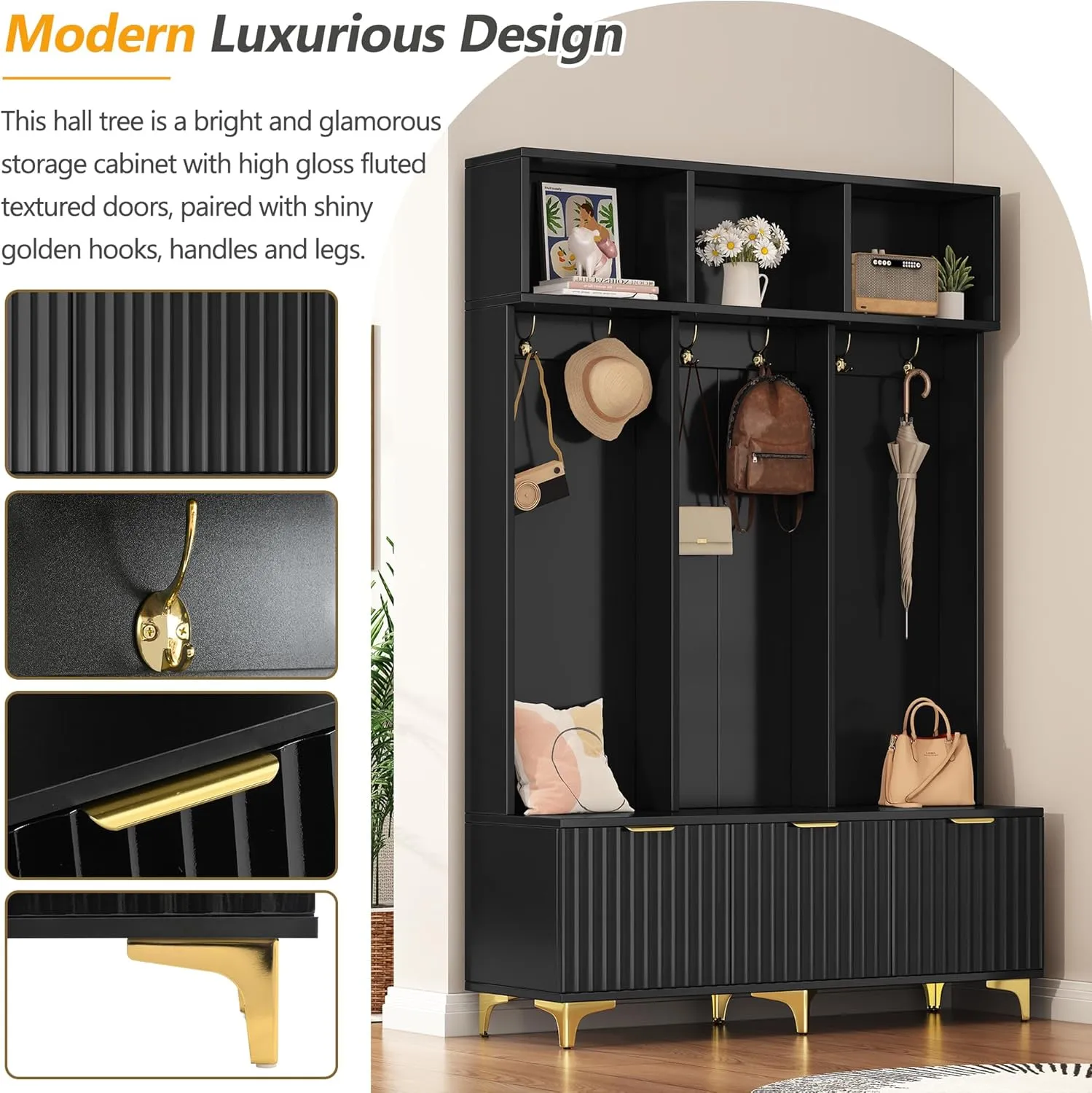 Ball & Cast 49.6" Hall Tree with Bench and Shoe Storage, 5-in-1 Entryway Cabinet with High Gloss Fluted Doors and Open Shelves,Mordern Coat Rack with 6 Gold Hooks and Legs for Hallway, Black