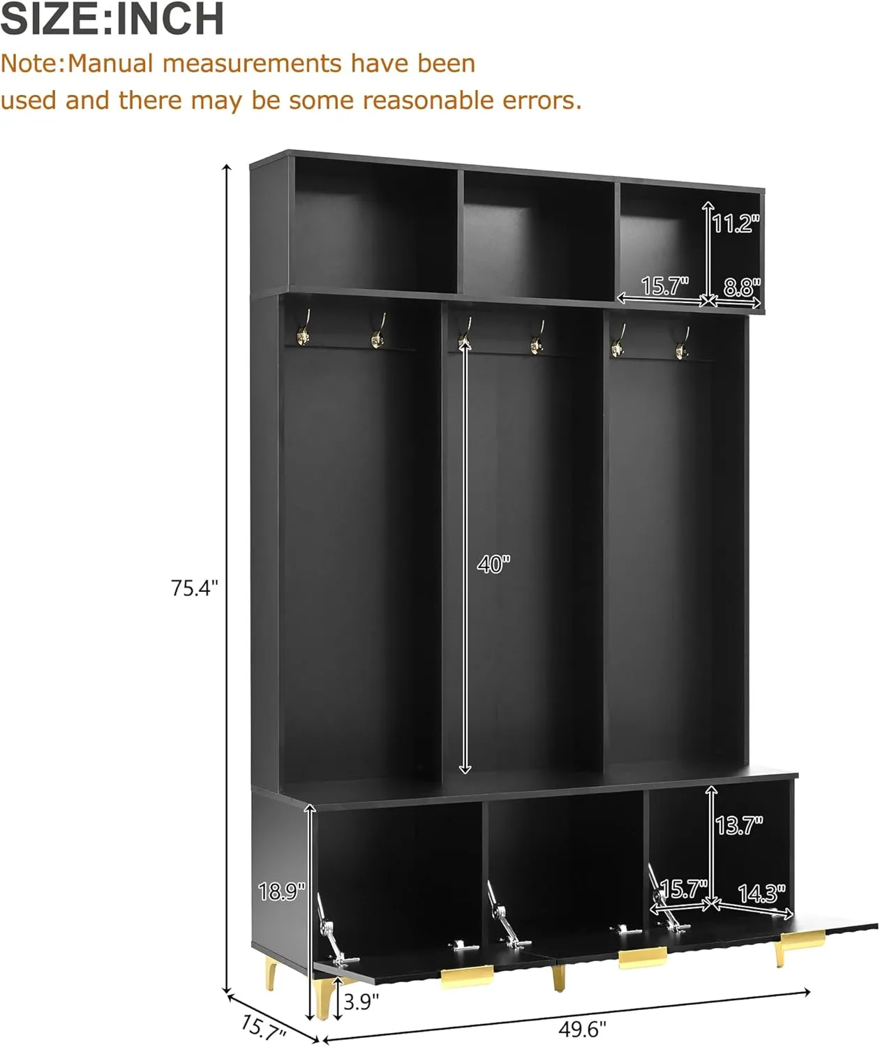 Ball & Cast 49.6" Hall Tree with Bench and Shoe Storage, 5-in-1 Entryway Cabinet with High Gloss Fluted Doors and Open Shelves,Mordern Coat Rack with 6 Gold Hooks and Legs for Hallway, Black