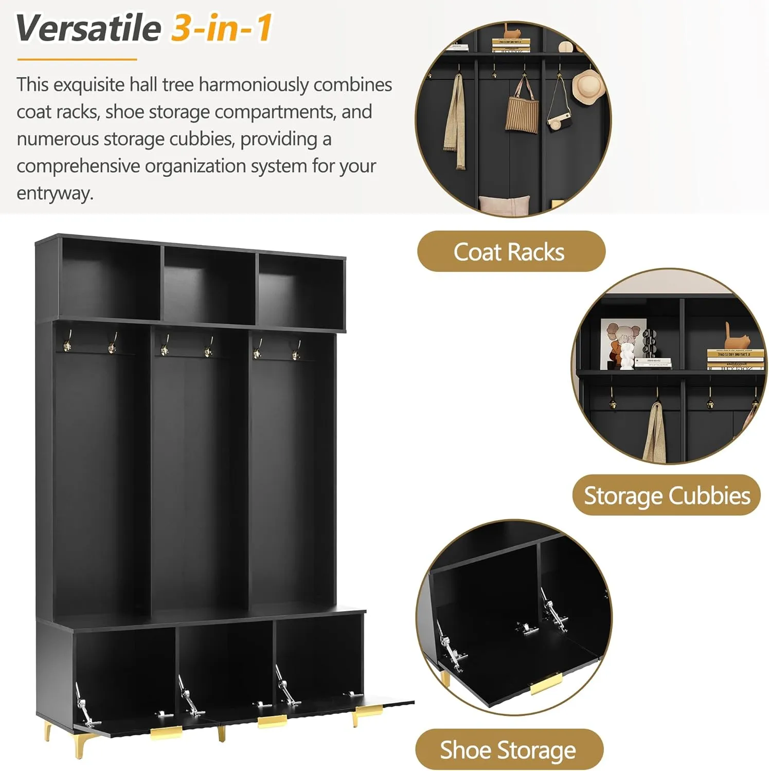 Ball & Cast 49.6" Hall Tree with Bench and Shoe Storage, 5-in-1 Entryway Cabinet with High Gloss Fluted Doors and Open Shelves,Mordern Coat Rack with 6 Gold Hooks and Legs for Hallway, Black