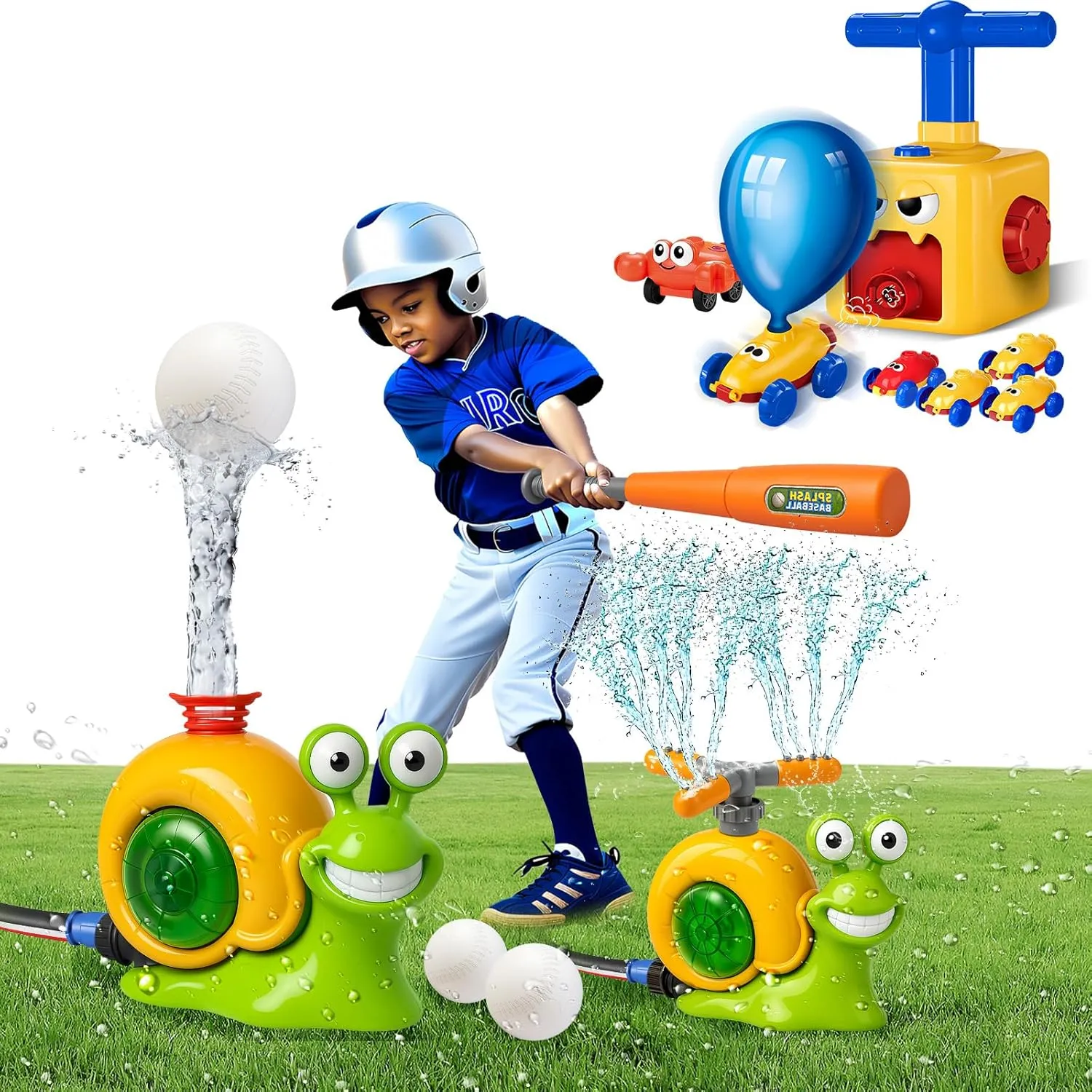 Balloon Car Toy Pump Set & Snail T-Ball Water Sprinkler, Race Car Kit and Summer Backyard & Lawn Toys for Kids Birthday Party & Pool Play