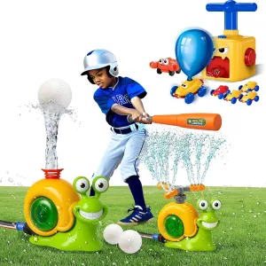 Balloon Car Toy Pump Set & Snail T-Ball Water Sprinkler, Race Car Kit and Summer Backyard & Lawn Toys for Kids Birthday Party & Pool Play