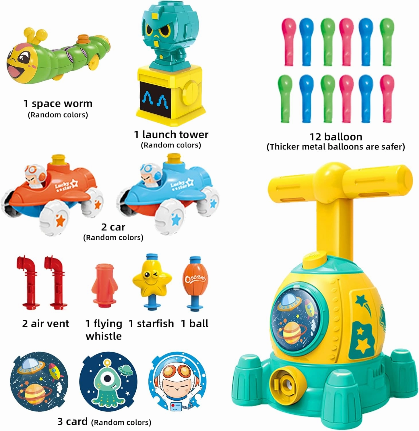 Balloon Powered Toy Car,Balloon Launcher Toy with 12 PCS Balloons and Car Launcher Tower,Rocket Balloons with Pump Party Supplies Birthday Christmas Gifts for Kids Ages 3-12(Rocket-Green)