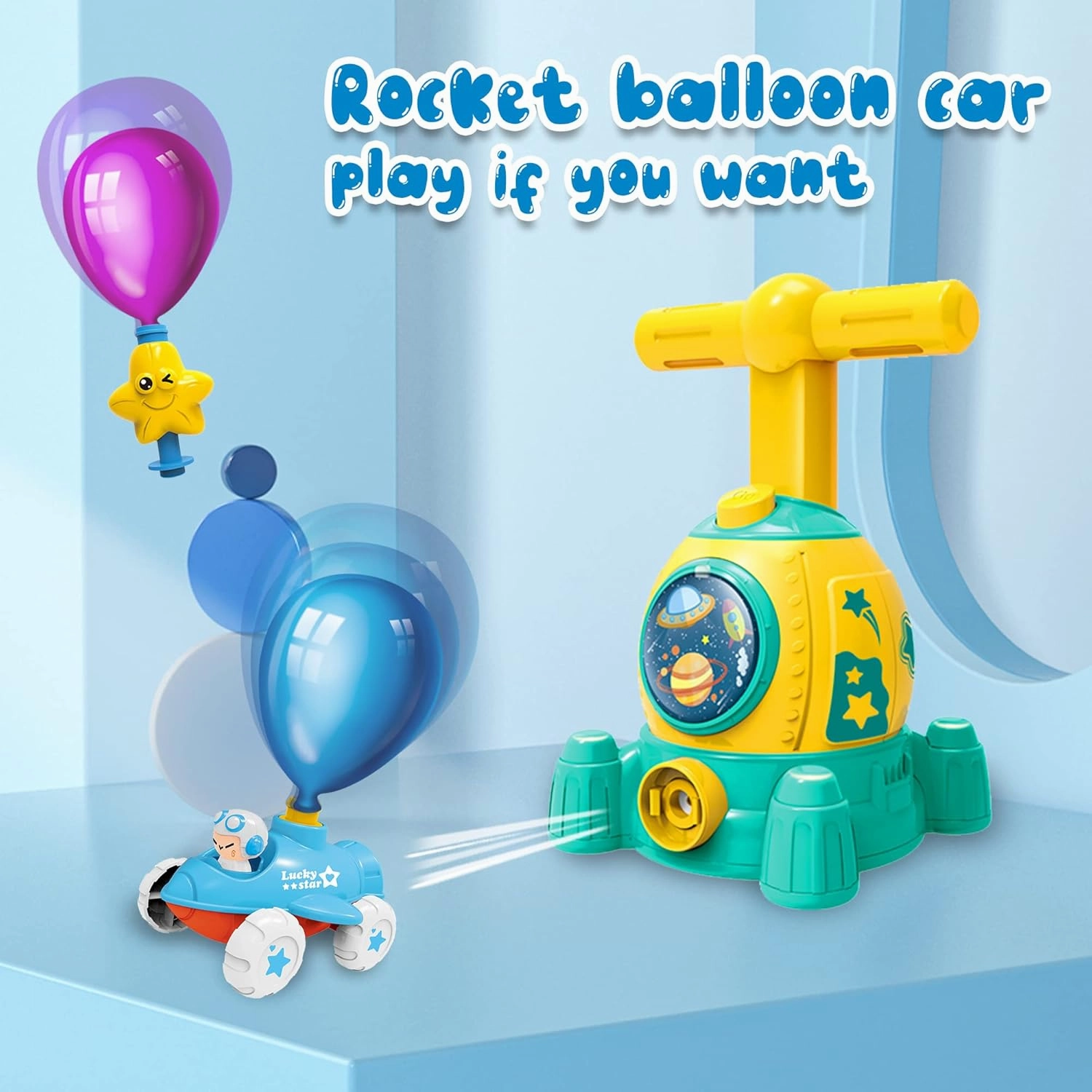 Balloon Powered Toy Car,Balloon Launcher Toy with 12 PCS Balloons and Car Launcher Tower,Rocket Balloons with Pump Party Supplies Birthday Christmas Gifts for Kids Ages 3-12(Rocket-Green)