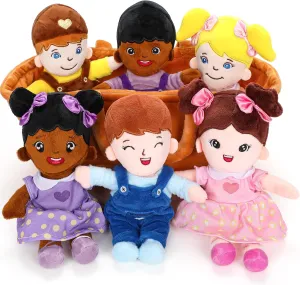 Basket of Baby Plush Dolls - 8" Plush Diversity Baby Dolls- 6 Piece Set Interchangeable Clothes Soft Stuffed Plush Figures for All Ages Xmas Gift
