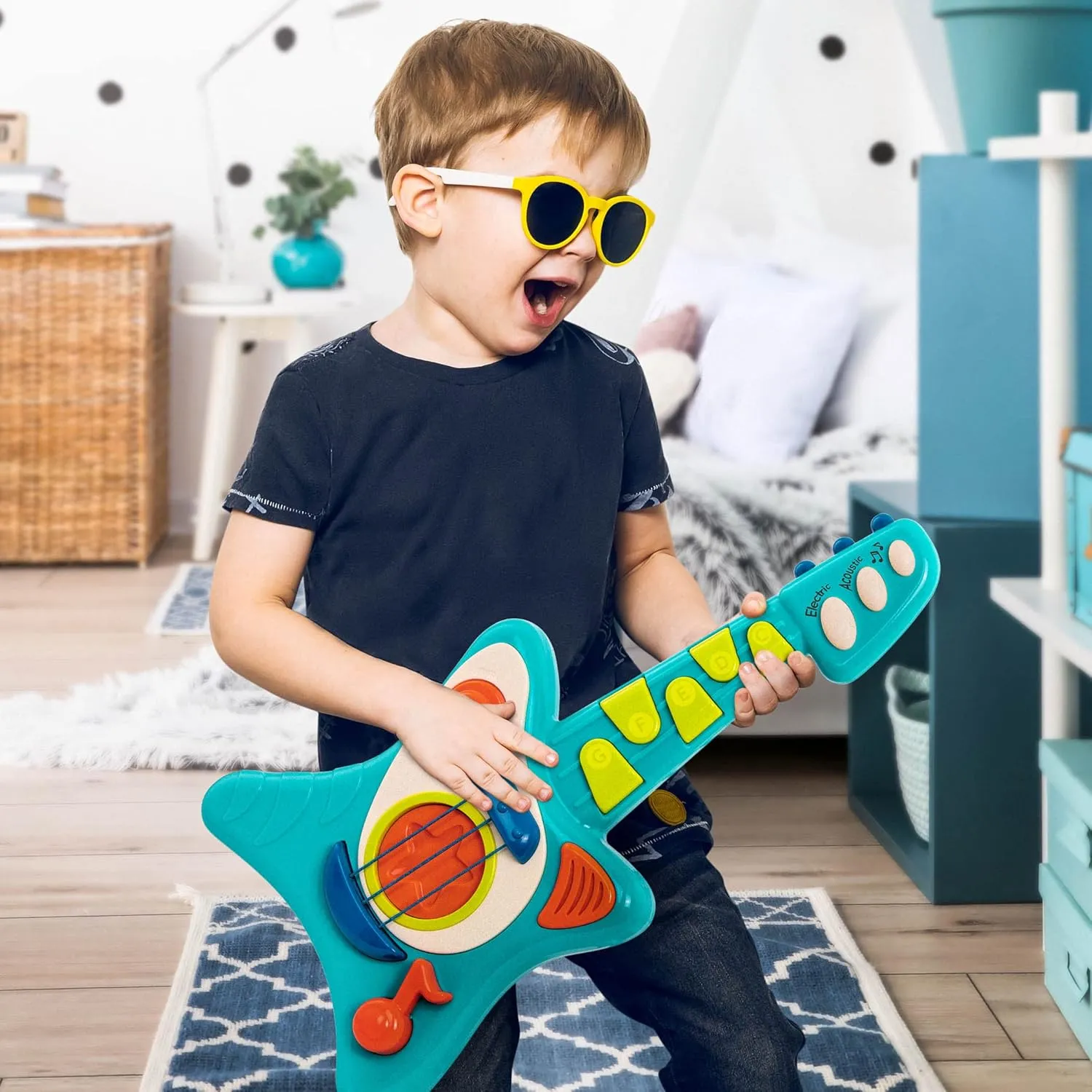 Battat- Toy Guitar For Toddlers, Kids, Children – Play Guitar With Songbook – Acoustic, Electric, And Song Modes- Lil' Rocker's Guitar – 2 Years  