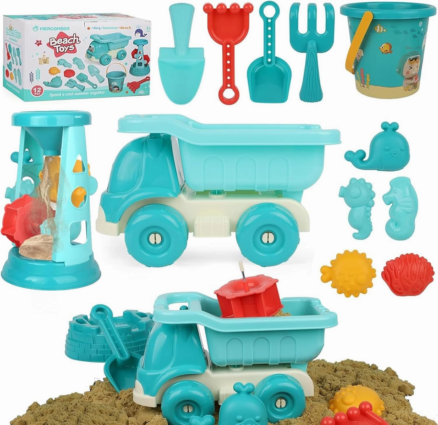 Beach Toys,12 Pcs Sand Toys Set with Truck,Beach Bucket,Sand Castle Toys Kit,Sandcastle Building Kit,Travel Toys for Kids Toddlers Boys Girls,Sandbox Toys for Toddlers 3-12