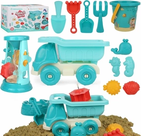 Beach Toys,12 Pcs Sand Toys Set with Truck,Beach Bucket,Sand Castle Toys Kit,Sandcastle Building Kit,Travel Toys for Kids Toddlers Boys Girls,Sandbox Toys for Toddlers 3-12