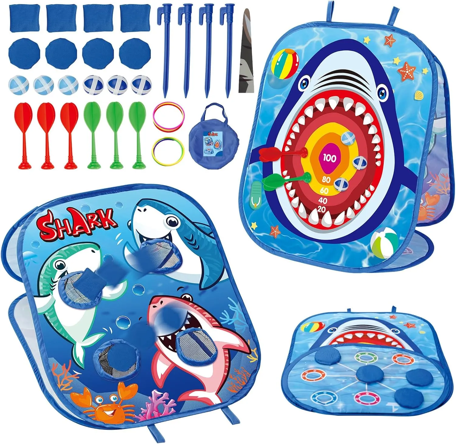 Bean Bag Toss Game for Kids: Shark Kids Cornhole Game Set Foldable 5 in 1, Birthday Party Supplies Gifts for Boys Girls Age 3 4 5 6, Backyard Beach Yard Outdoor Indoor Game