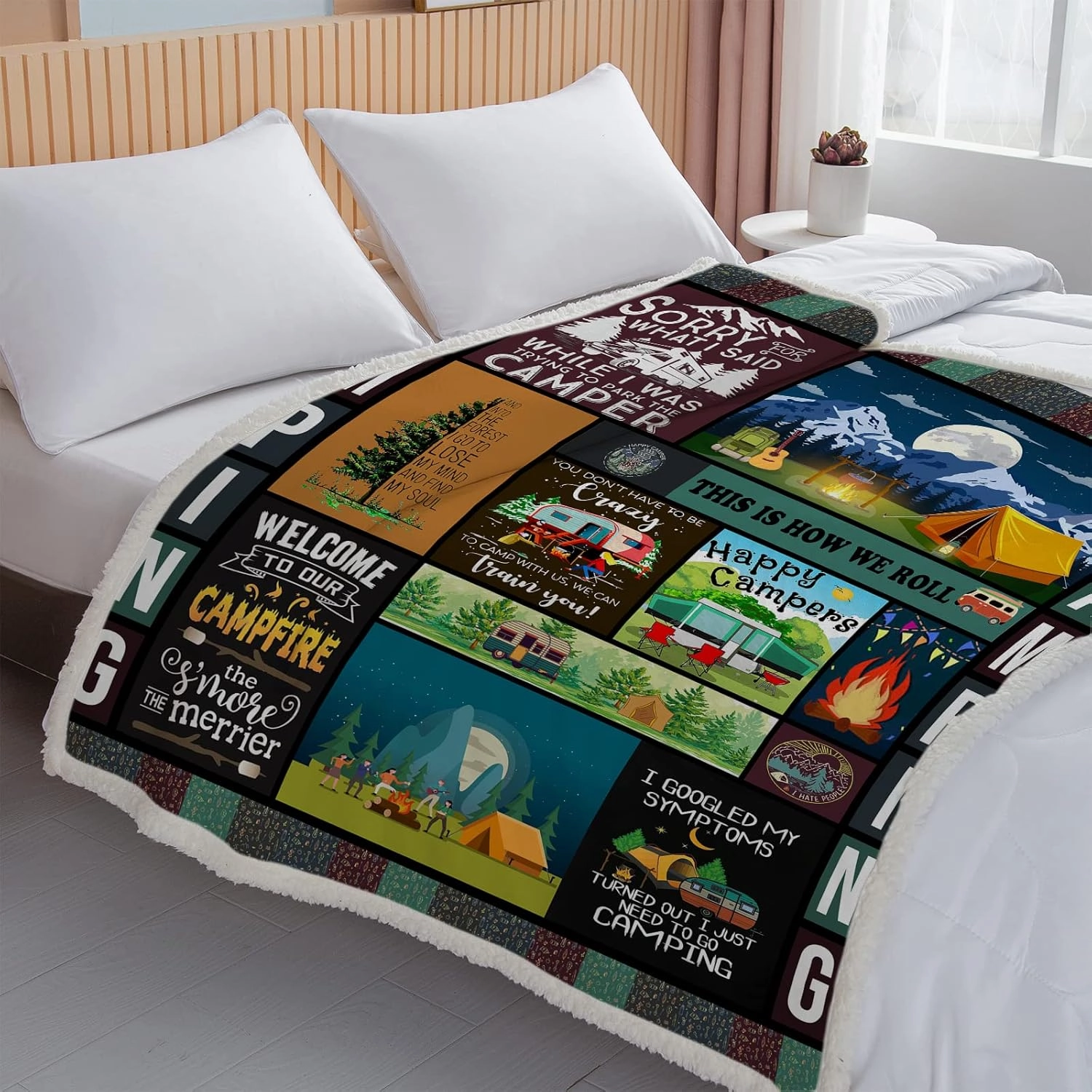 BEDMUST Camping Throw Blankets Happy Fun Camper Decor Super Soft Warm Camping Camper Blankets for Bed Couch Gifts for Campers Camping Lovers (60x80 inches)