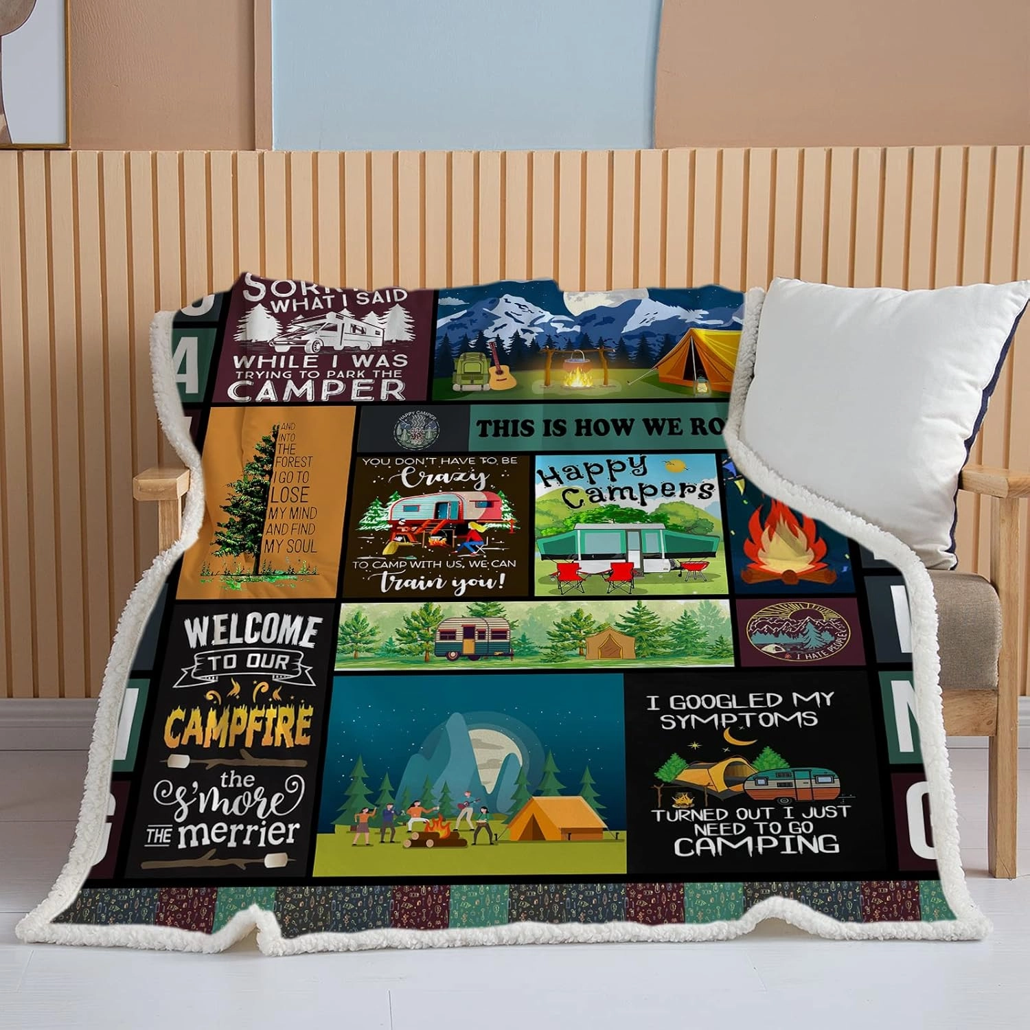 BEDMUST Camping Throw Blankets Happy Fun Camper Decor Super Soft Warm Camping Camper Blankets for Bed Couch Gifts for Campers Camping Lovers (60x80 inches)