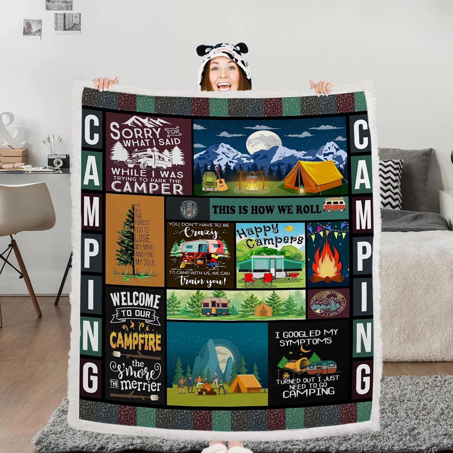 BEDMUST Camping Throw Blankets Happy Fun Camper Decor Super Soft Warm Camping Camper Blankets for Bed Couch Gifts for Campers Camping Lovers (60x80 inches)